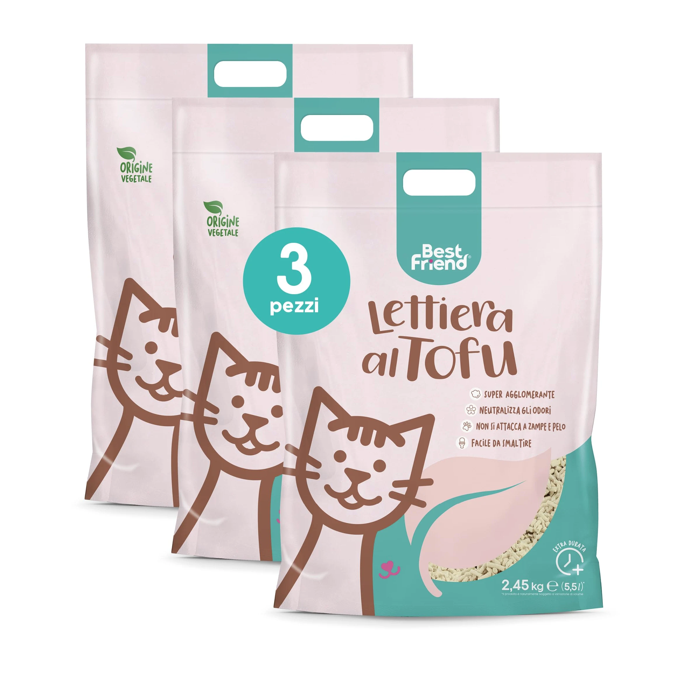 Best Friend - litière pour Chat au Tofu de 5,5 l Agglomérant et végétal. Jusqu'à 30 Jours d'utilisation. Se débarrasse dans Les bios ou Les Toilettes. Sable Chat Anti Odeur Classique, 3 pièces