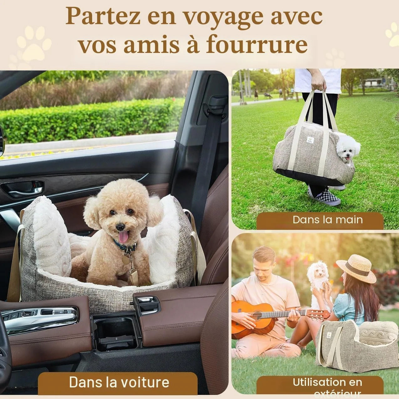 Siège d'Auto pour Petit Chien avec Boucle de Fixation et Laisse de Sécurité, Sac de Transport Rembourré jusqu'à 25 Livres, Brun + Beige