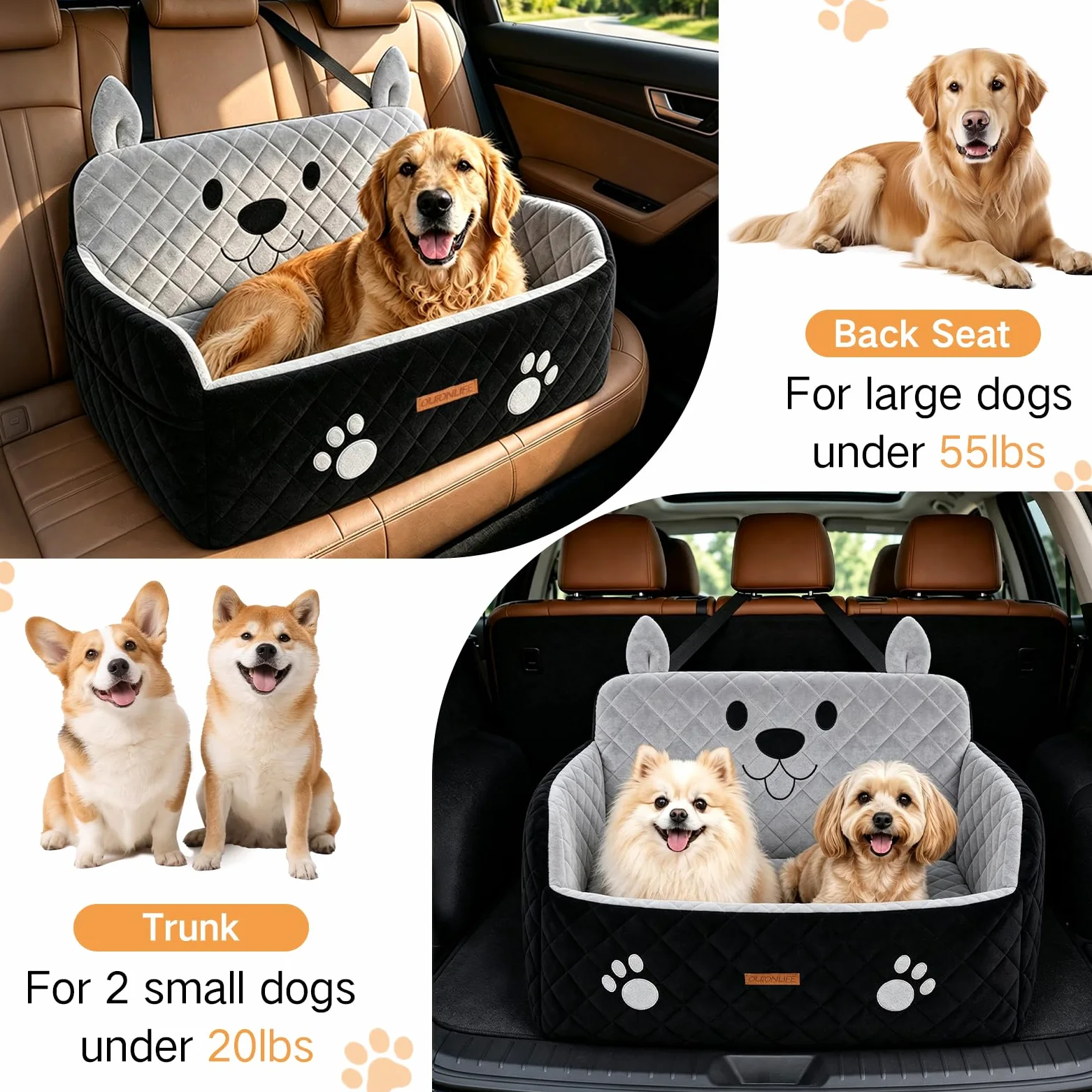 Siège Auto Grand Chien Jusqu’à 25 kg ou 2 Petits Chiens | Mousse Haute Densité, Peluche Ultra-Douce, Housse Amovible Lavable, 2 Sangles de Sécurité et Poches, pour Banquette Arrière