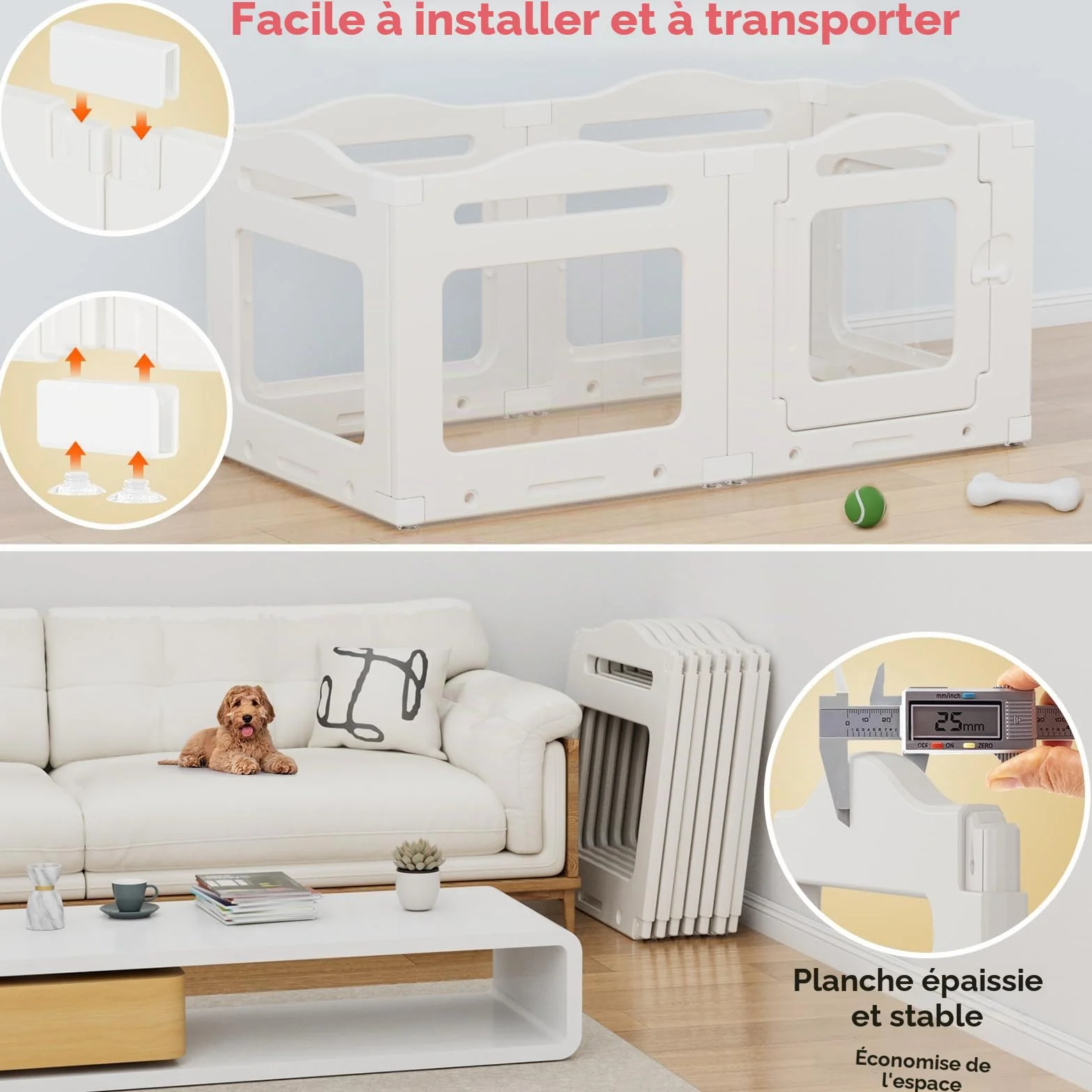 Clevich Enclos pour Chien en Acrylique 129 × 68 × 60 cm, 5+1 Panneaux avec Porte à Verrou, Pliable, Blanc