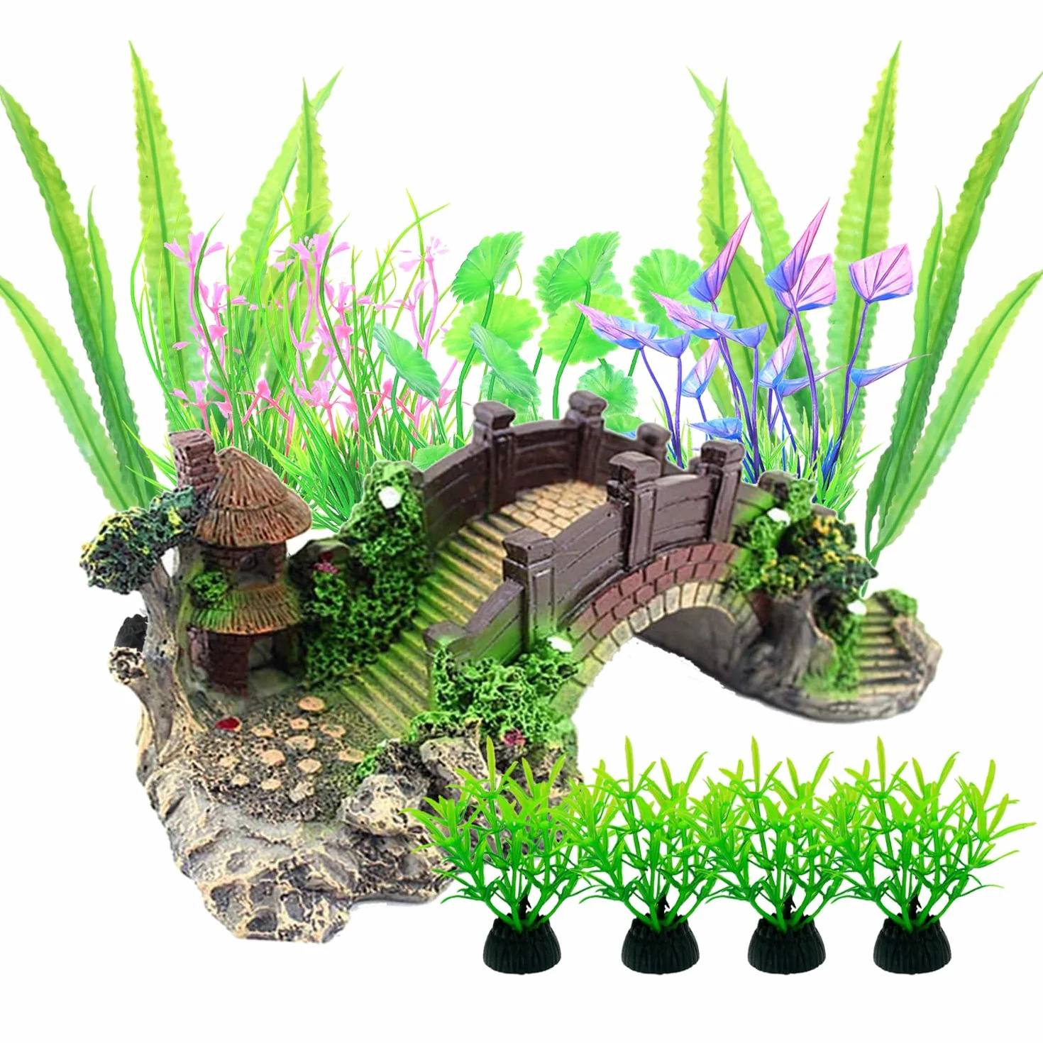 Aquarium Plantes Artificielles 13 Pièces Plastique Décoration Résine Pont pour Fish Tank