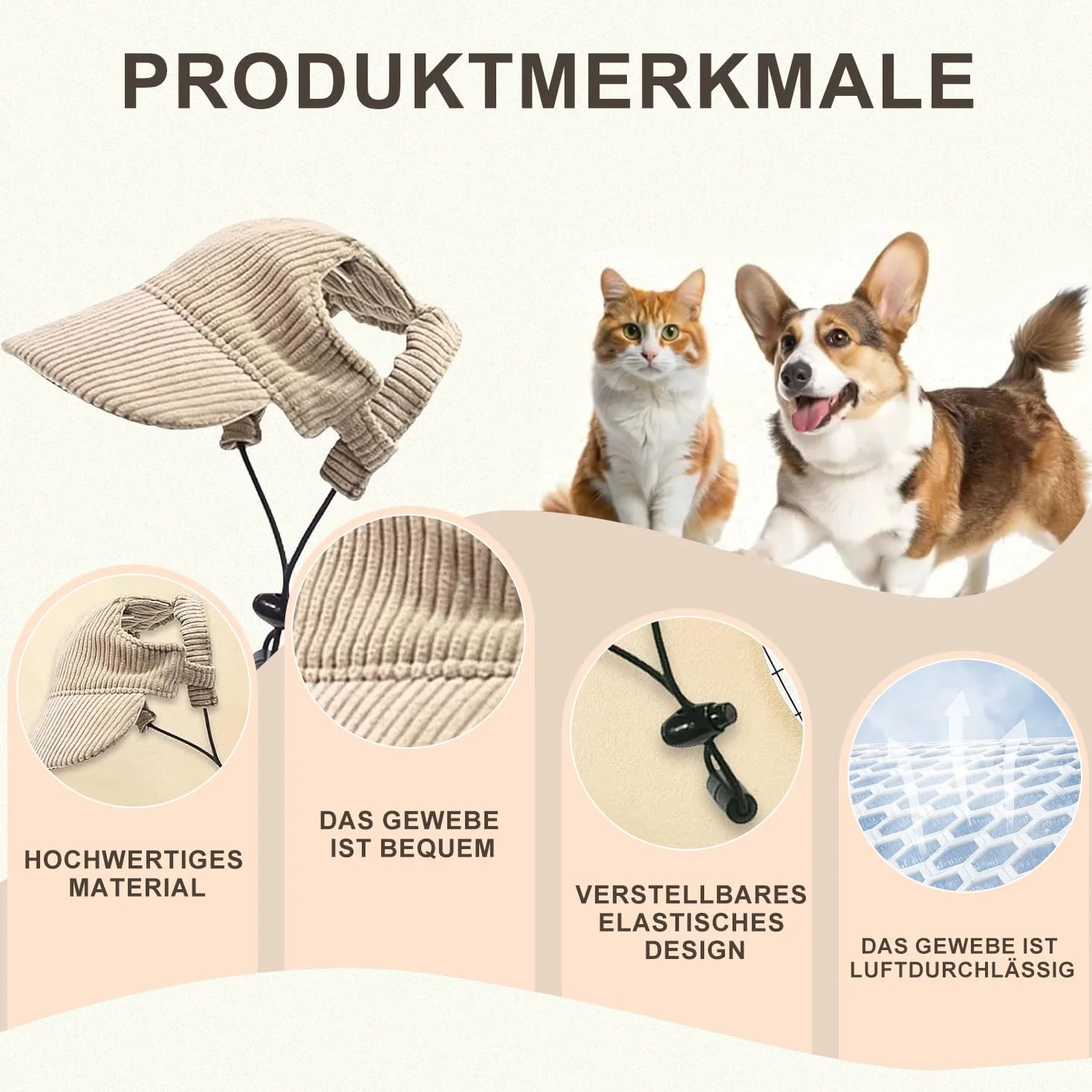 Casquette de baseball pour chien réglable avec trous d'oreilles chapeau de soleil velours côtelé respirant kaki taille L
