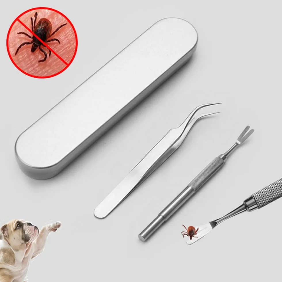 Sarini Ensemble d'outils de Suppression de tiques en Acier Inoxydable de 4 pièces,1 Pince à épiler pour enlever Les tiques， 1 pièce de râteau Tranchant,d'élimination des tiques pour Chiens et Chats
