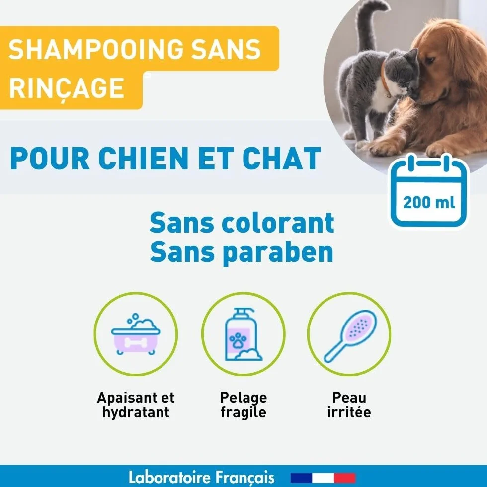 VETOFORM Shampooing sans rinçage Chien Chat Apaisant hydratant 97% Origine Naturelle 200 ML Fabriqué France