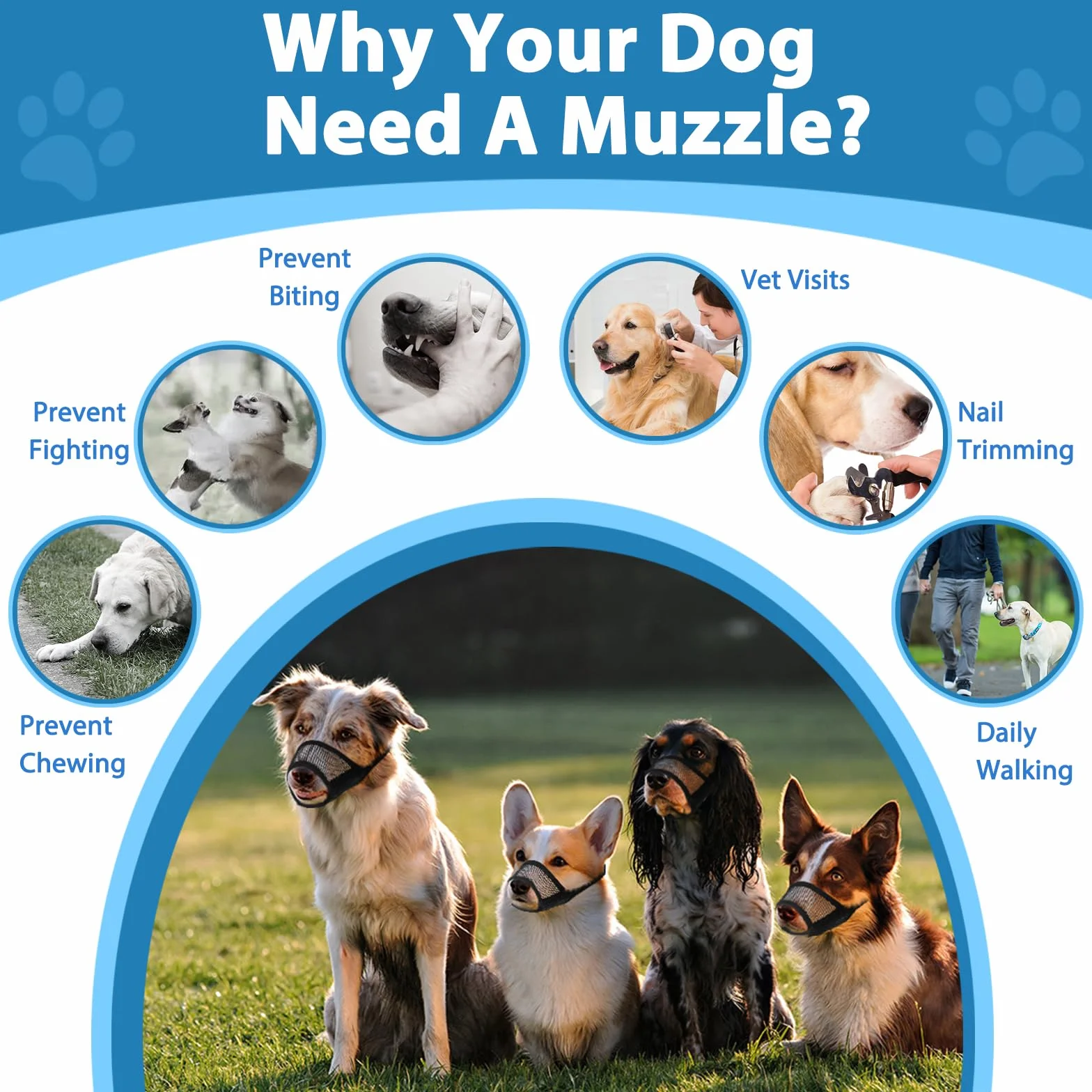 Lot de 7 muselières pour chiens de petite, moyenne et grande taille, muselière en maille pour chiens anti-morsure, mastication, aboiement, ensemble de muselière respirante avec sangle réglable pour le