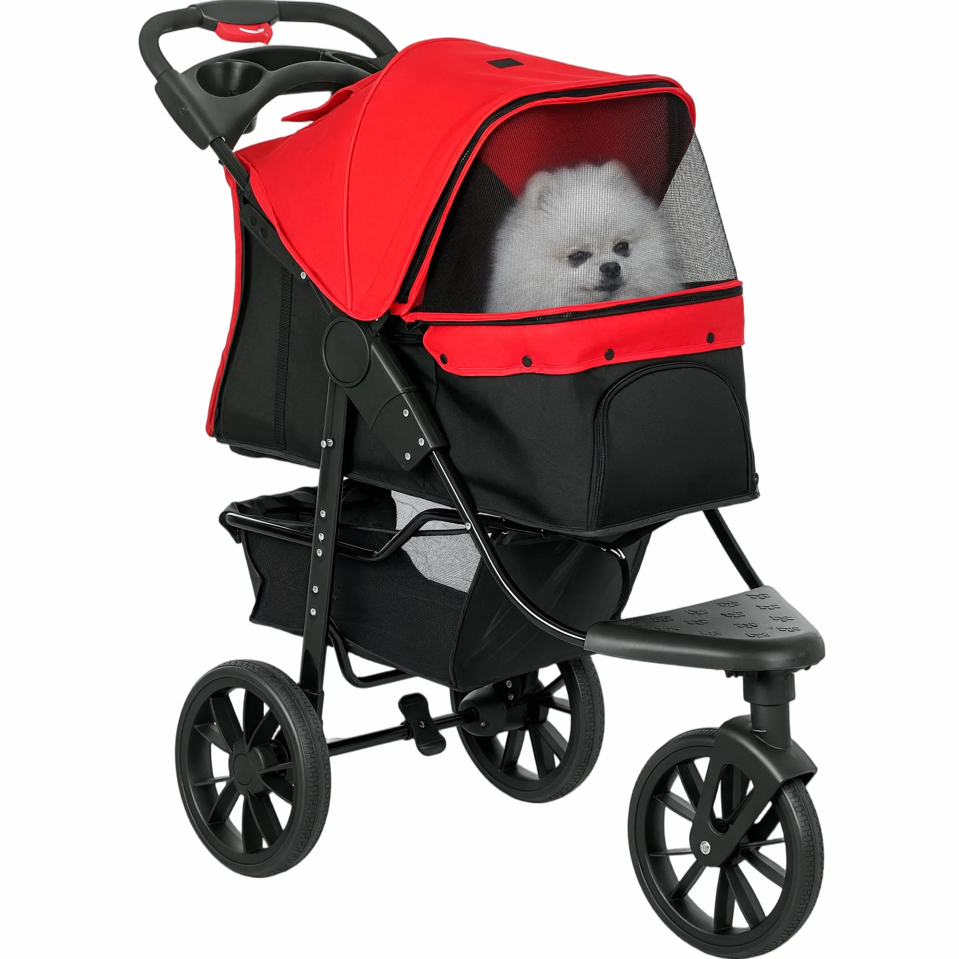 PawHut Poussette pour Chien Pliable 3 Roues Tout-Terrain 25kg Grande Roue 12" Antichoc Légère Chariot Animaux Rouge