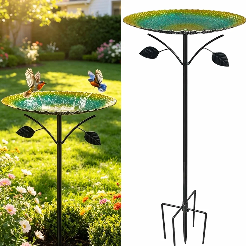 Abreuvoir Oiseaux Extérieur 83cm Métal Bain d'oiseaux avec Base Stable 5 Broches Vert