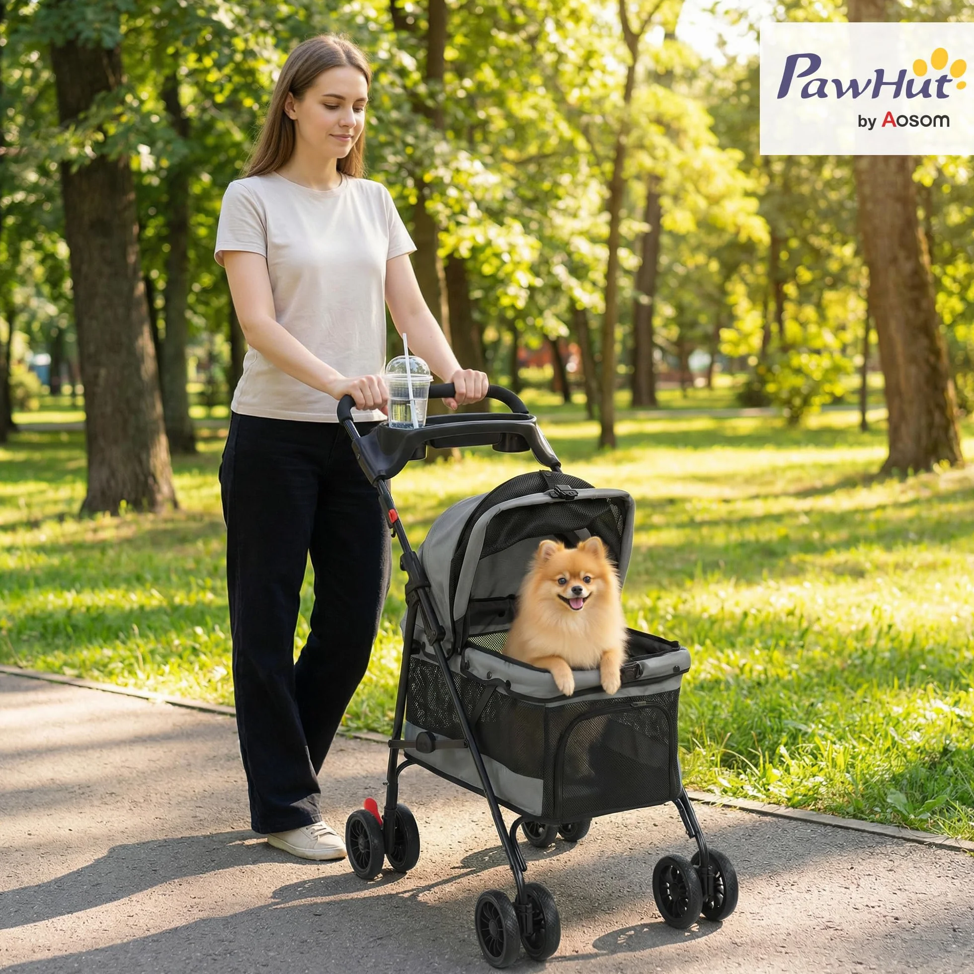 PawHut Poussette pour Chien avec 4 Roues EVA, Chariot Pliable, Frein, Gris
