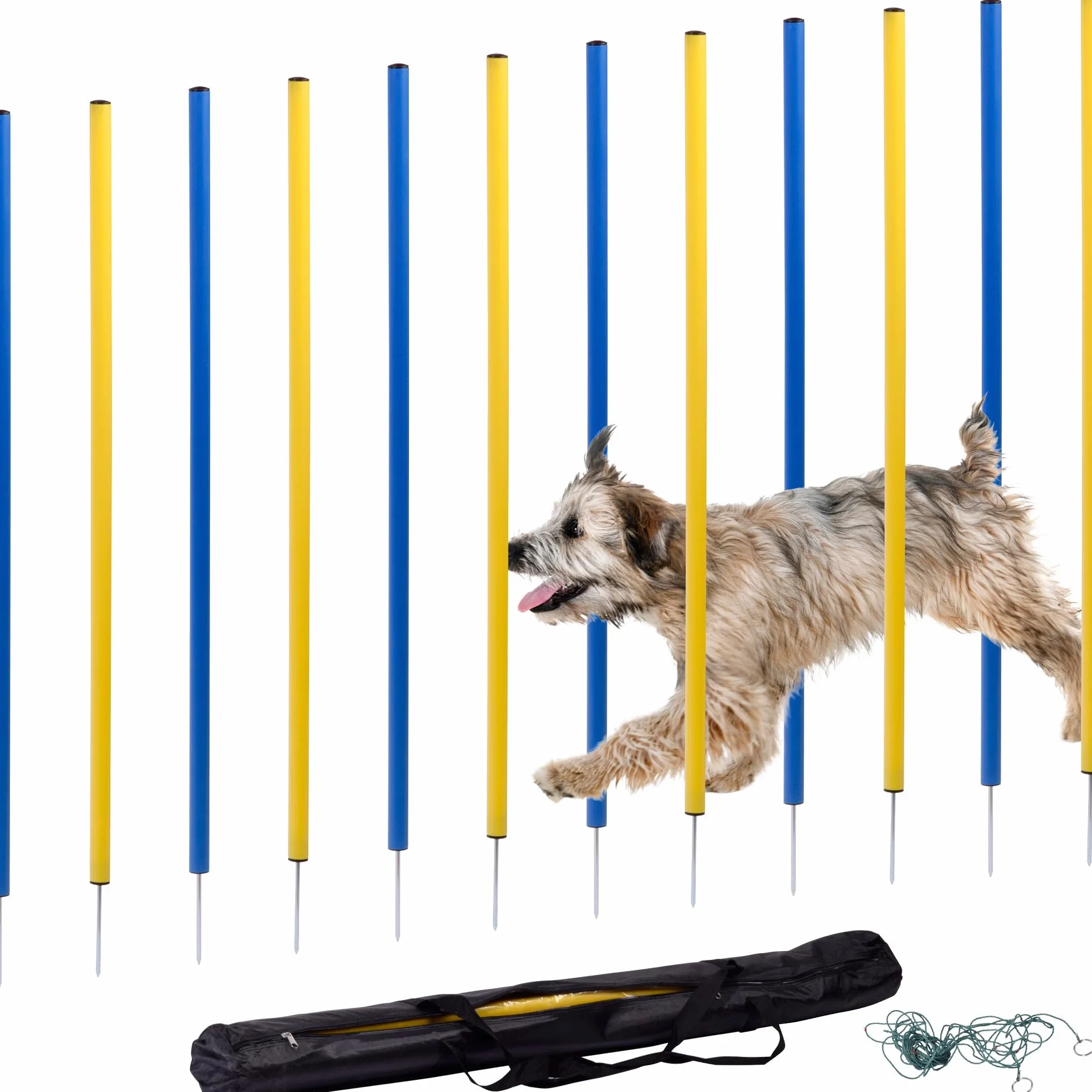dobar Agility Slalom Kit 12 pièces pour Chiens Barres Bicolores Entraînement Hauteur 110 cm Bleu/Jaune
