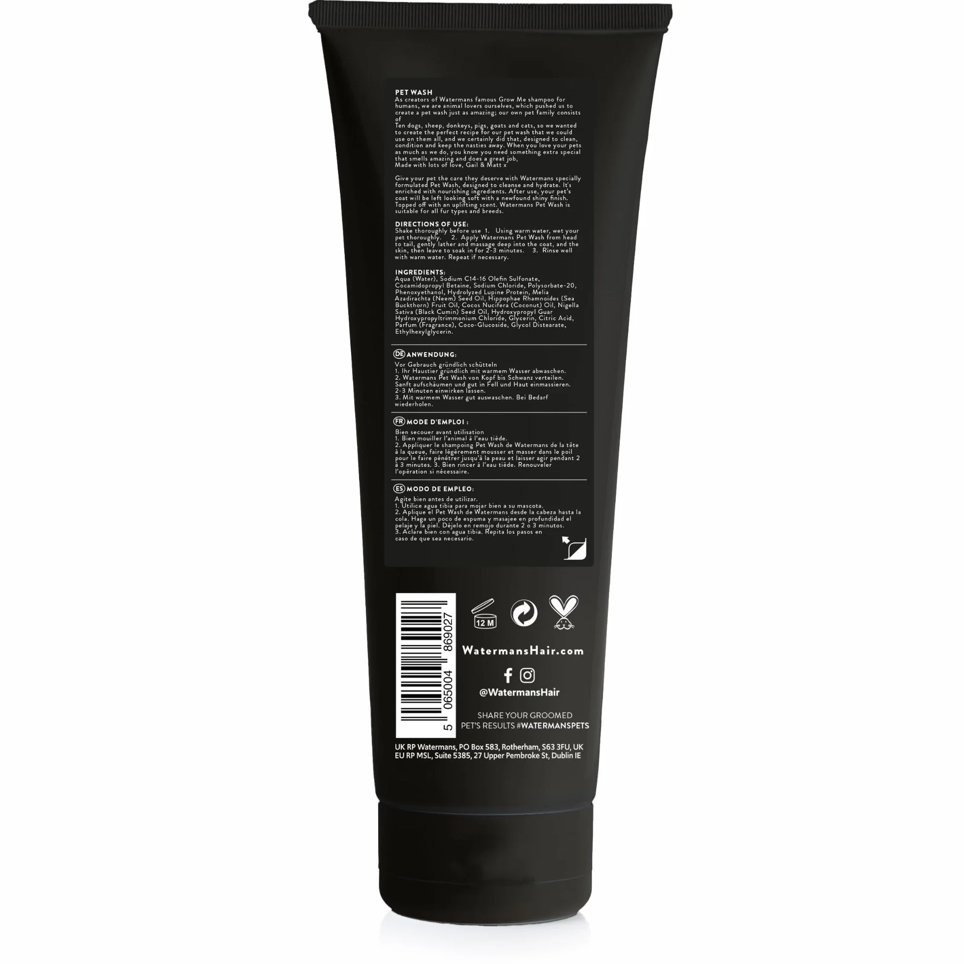 Watermans Shampoing Chien 250ml Peau Sensible Anti Irritation Hypoallergénique sans Parabènes sans Sulfates Végan