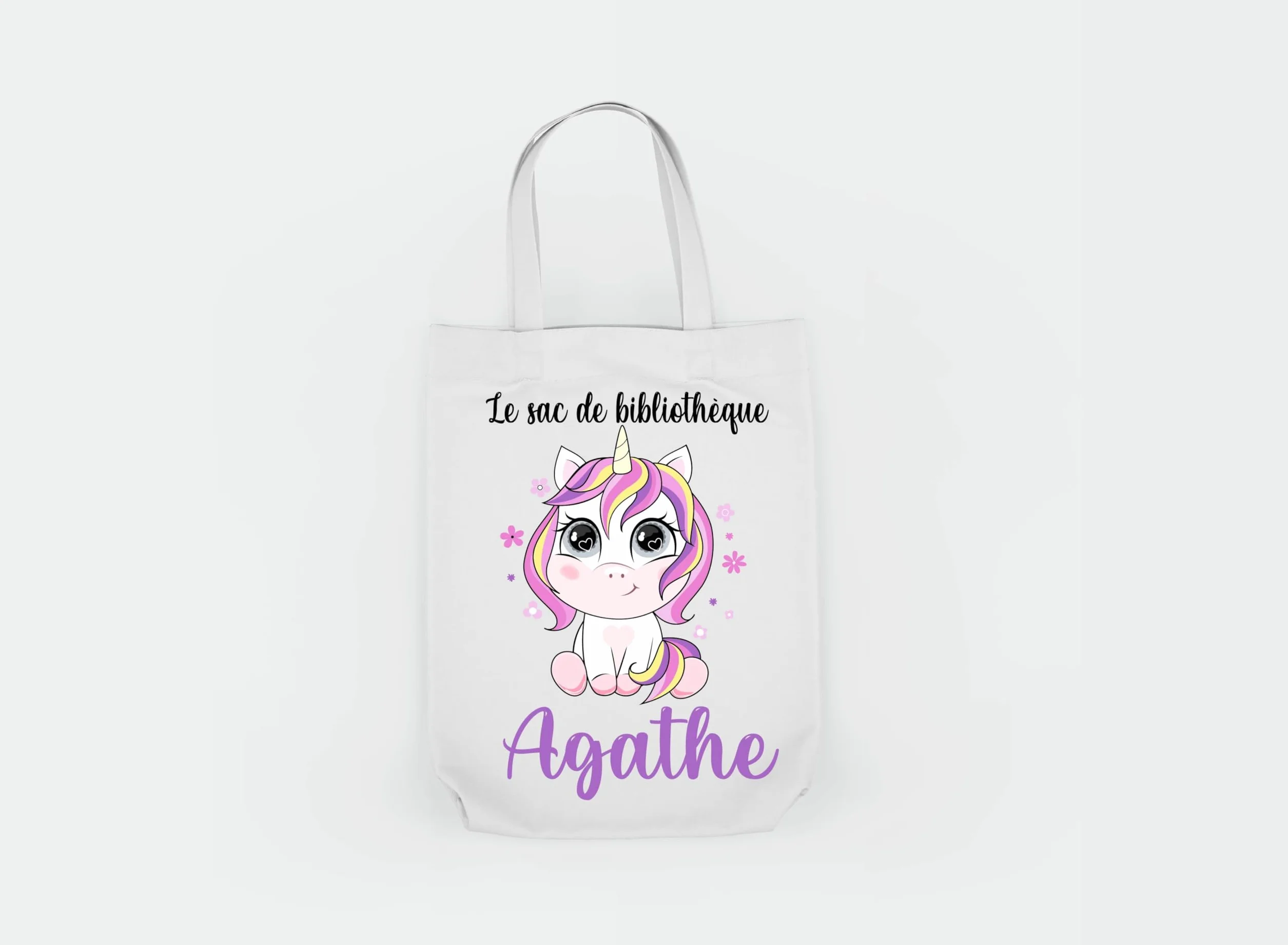 Sac enfant personnalisé bibliothèque tote bag Livres Maternelle licorne