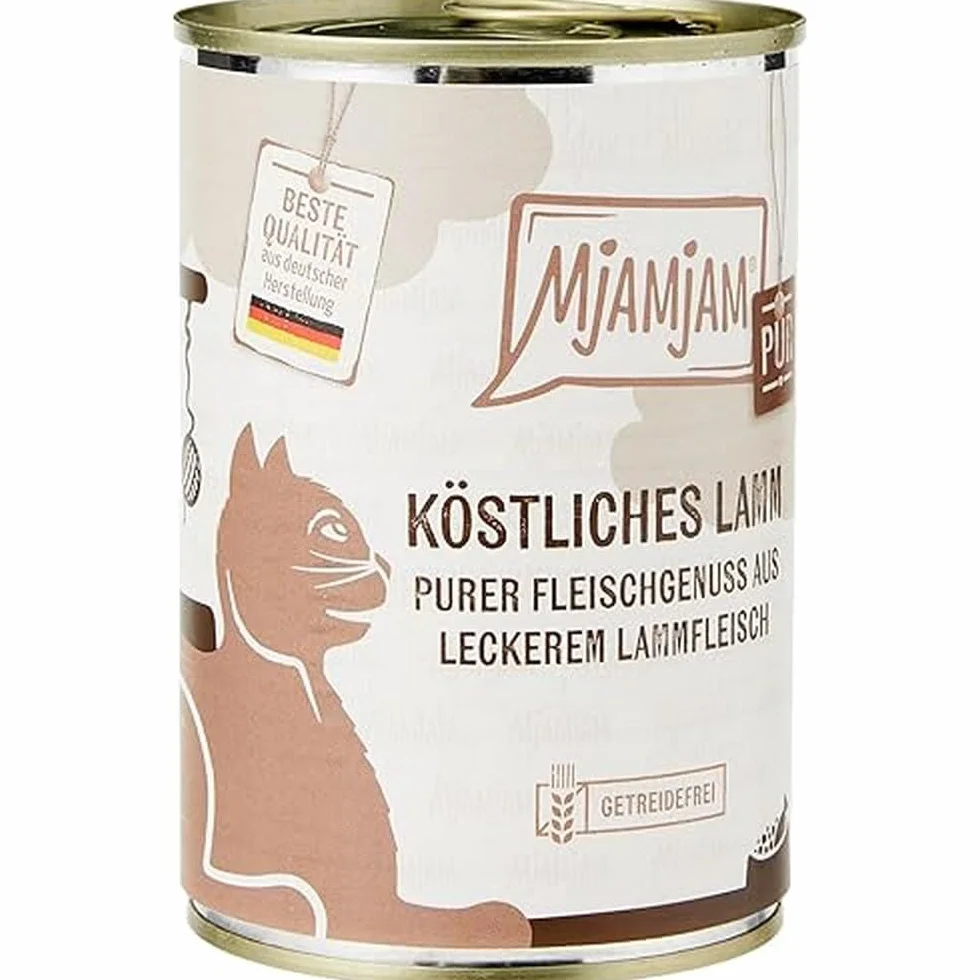 MjAMjAM - nourriture humide premium pour chats - pur plaisir de la viande - délicieux agneau pur, pack de 6 (6 x 400 g), sans céréales avec un supplément de viande