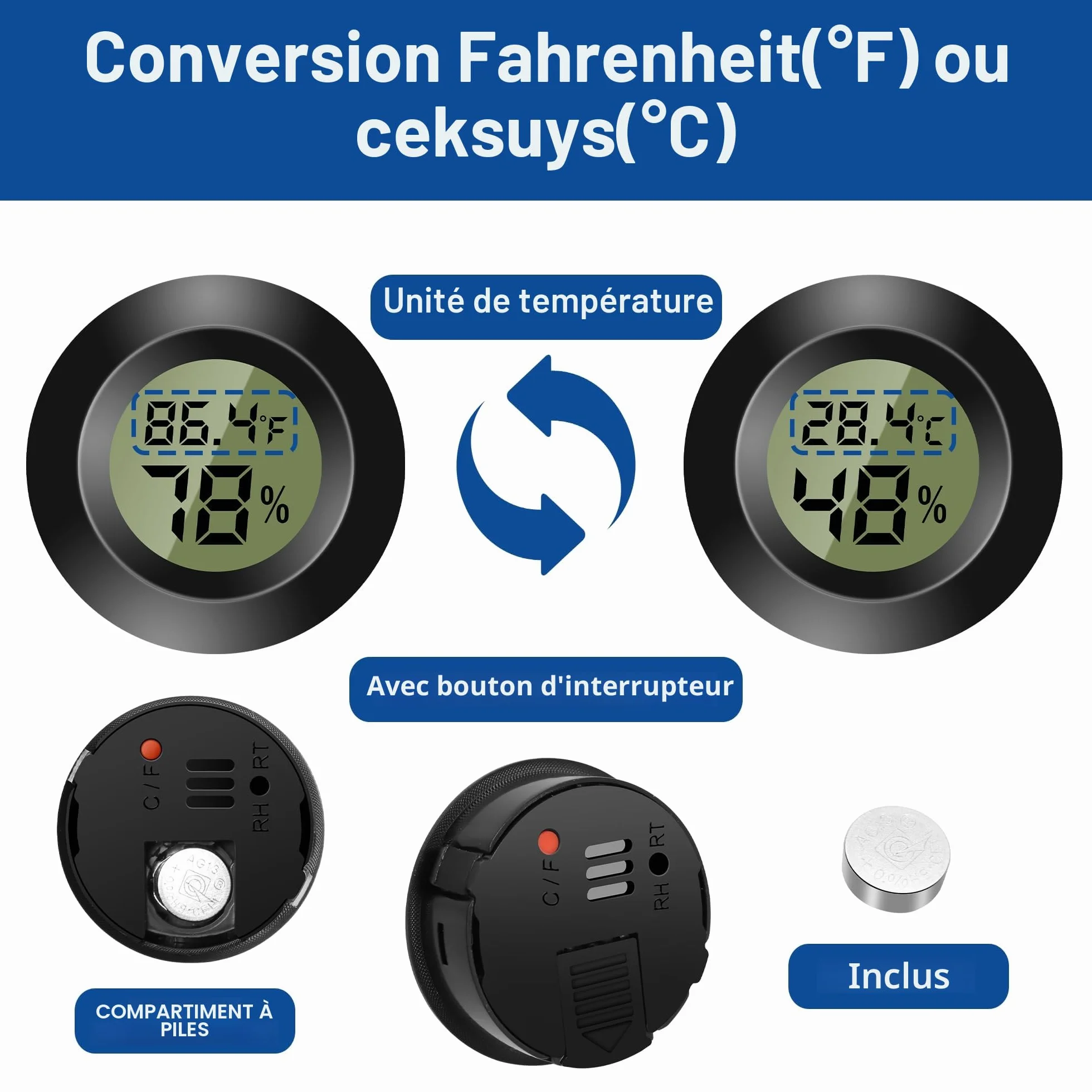 Lot de 3 mini thermomètres numériques - Moniteur de température et d'humidité - Hygromètre - Pour chambre d'enfant, incubateur de guitare, reptiles, serres de voiture - Noir