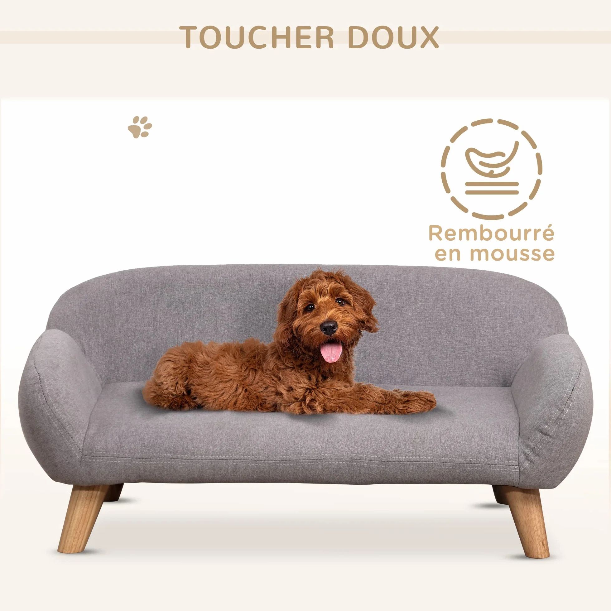 PawHut Canapé pour Chien Style scandinave Pieds en Bois Tissu 72 x 44 x 31 cm Gris