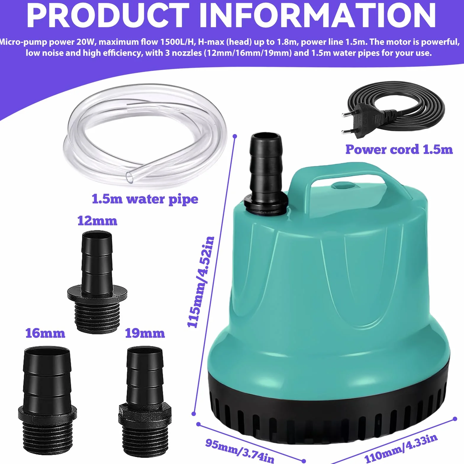Pompe submersible WIYETY 20W 1500L/H pour aquarium bassin ultra silencieuse avec 3 buses 1,5m