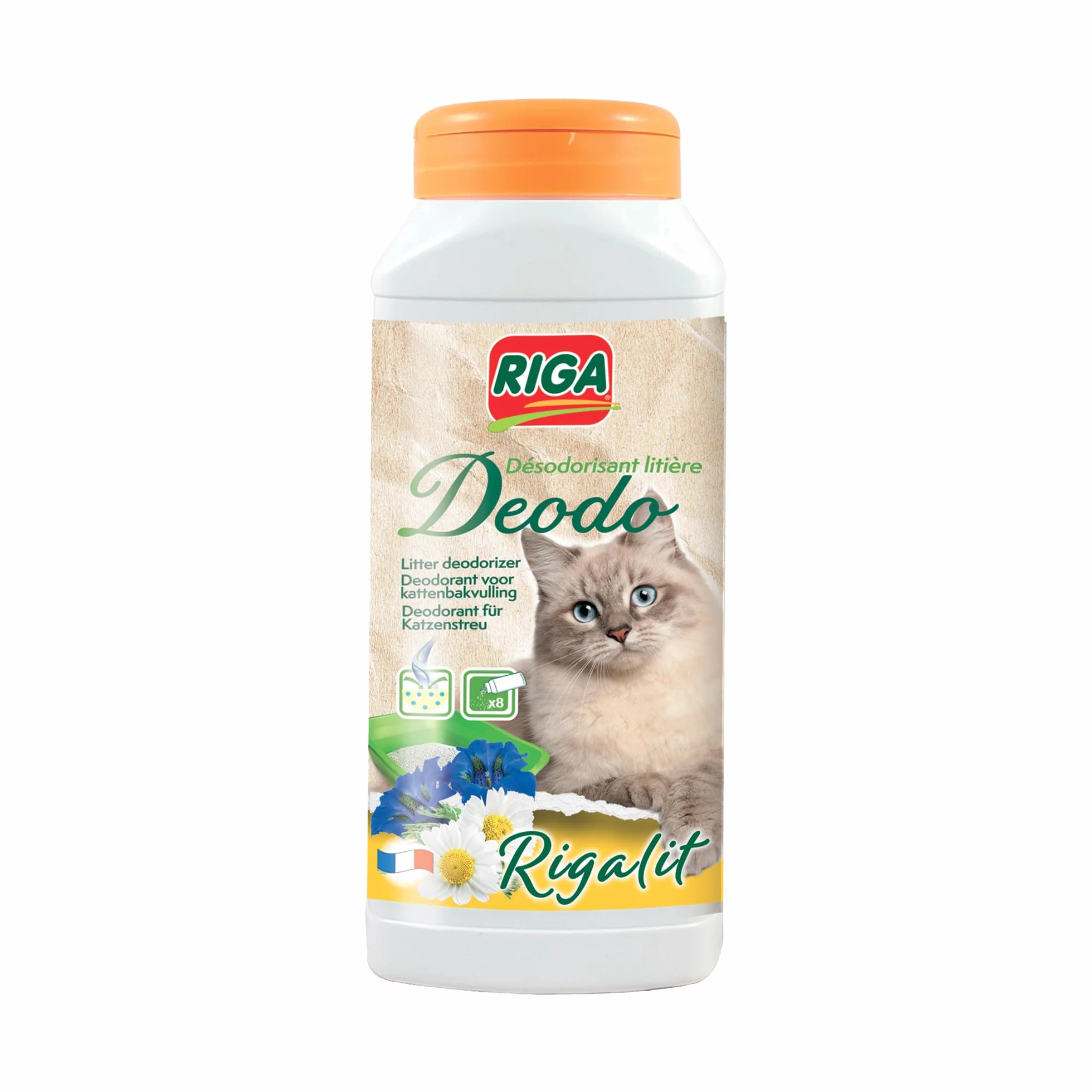 RIGA - Rigalit Déodo - Désodorisant Litière Chat - Parfum Floral - Neutralise Odeurs Et Bactéries - Prolonge Durée De La Litière - Rafraichit L'Atmosphère - 750g