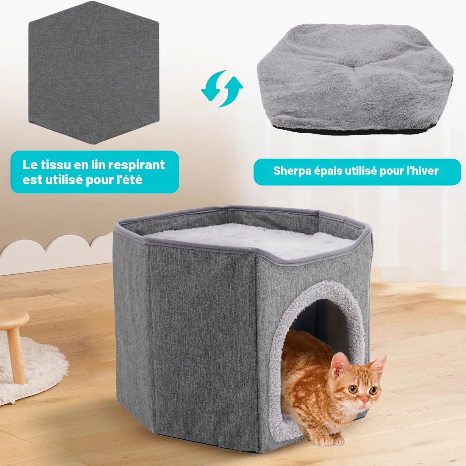 Maison pliable d'intérieur pour grands chats, grande niche pour chat avec griffoir, 2 couches, niche pour animaux de compagnie de petite et moyenne taille, grise