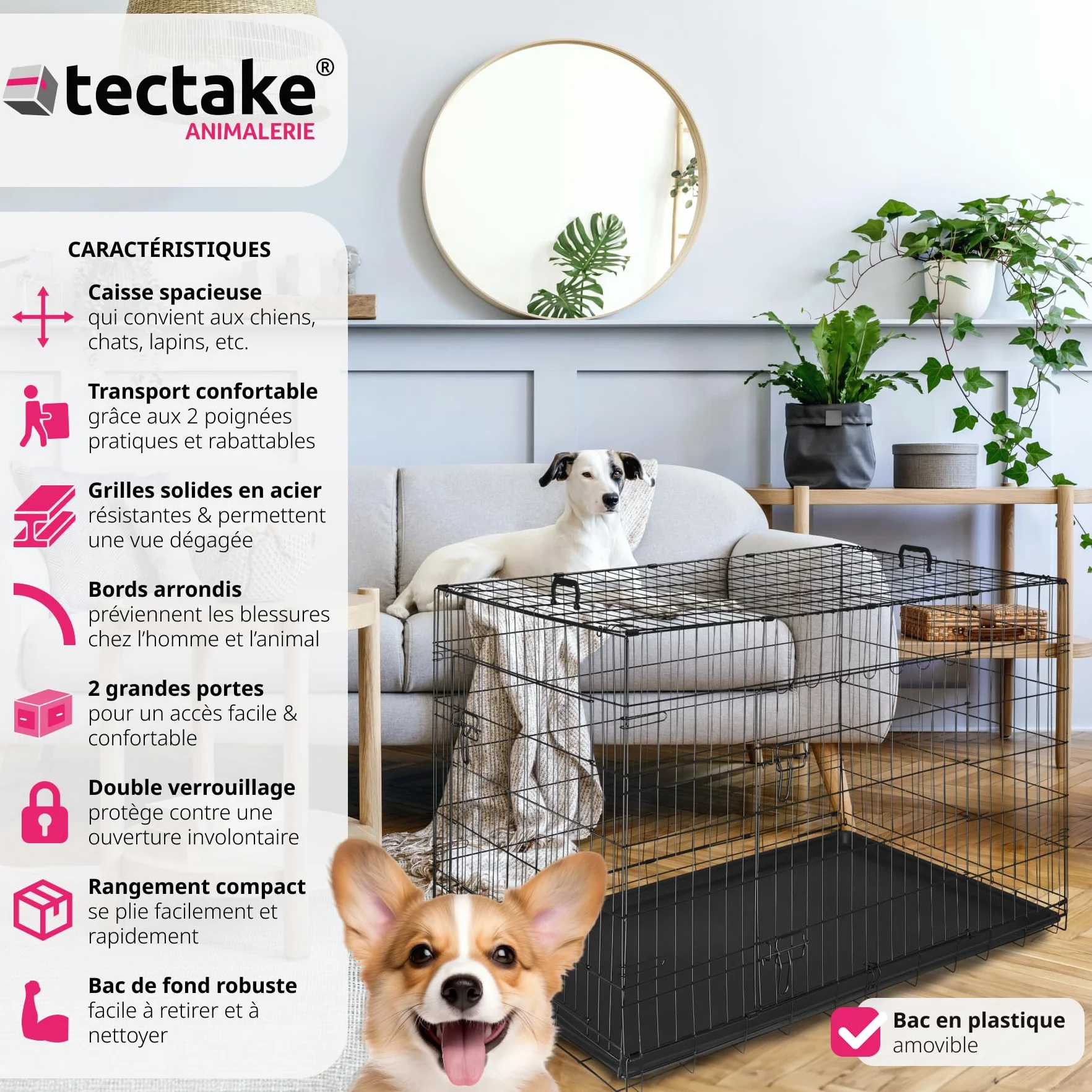 tectake Cage pour Chien Pliable Robust Caisse de Transport Taille XL 121,5x75,5x80,5cm 2 Portes double verrouillage