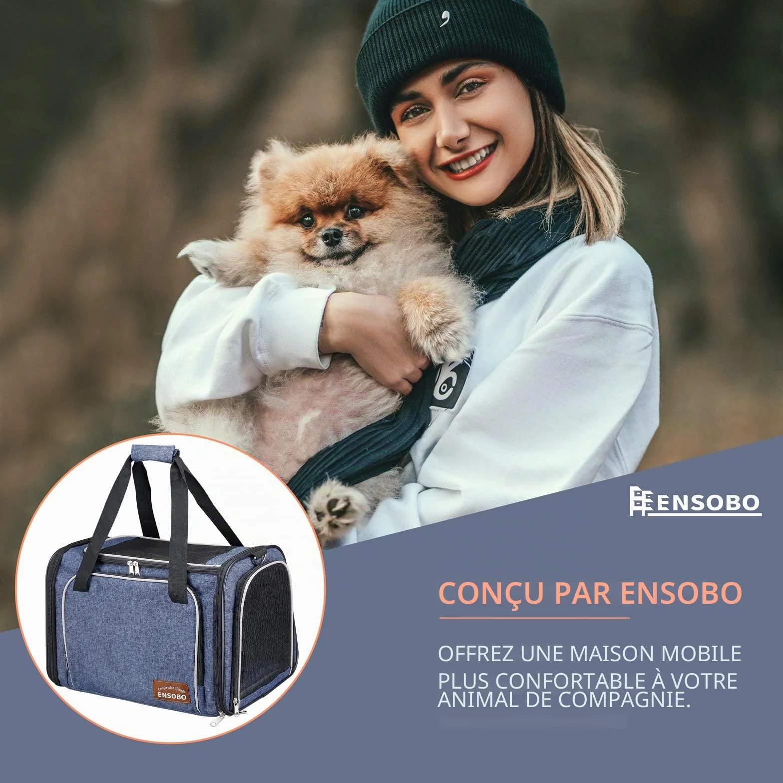 ENSOBO Sac Transport Chat Chien, Matériau Denim Résistant aux Rayures, Sac de Transport pour Animal de Compagnie avec Matelas Souple, Caisse Transport Respirant Confortable