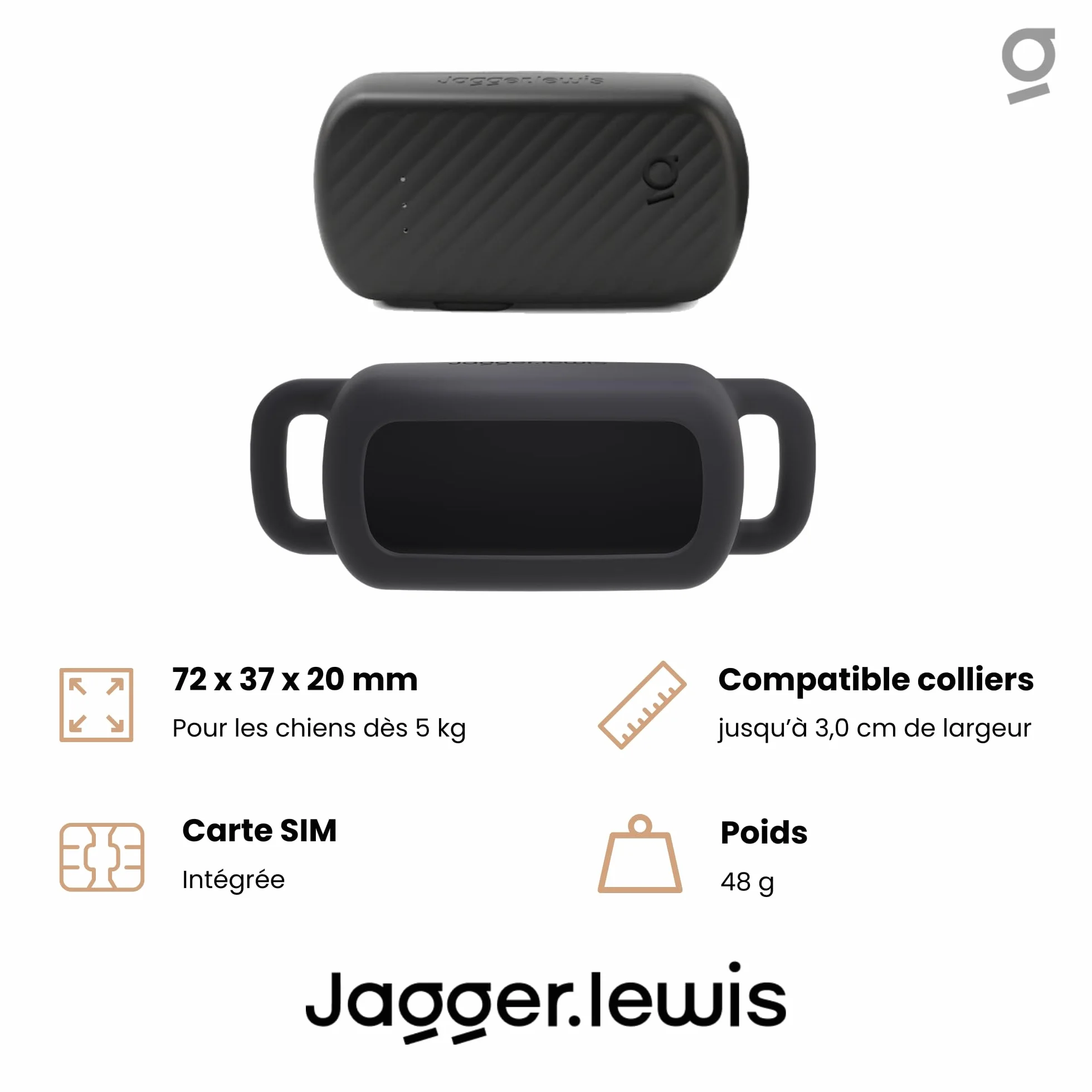 Jagger Lewis GPS Collier Chien sans Abonnement Localisation Direct Anti-Fugue Suivi Activité Bien-Être iOS Android Charbon Smartdock