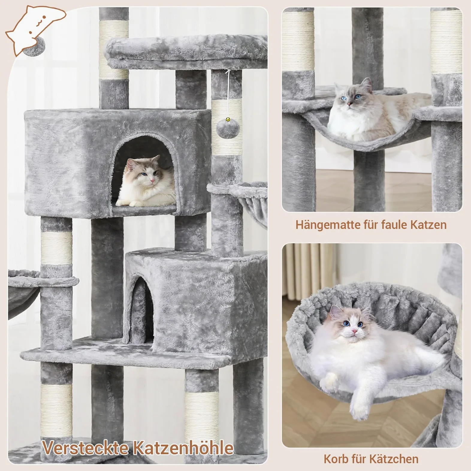 MSmask Arbre à Chat Stable de 180 cm, Tour de Jeux Chats avec 5 Poteaux en Sisal, 2 Grandes Plate-Formes, 2 Niches, 2 Paniers, Hamac, Centre d’Activités Multiniveau en Peluche, Gris Clair