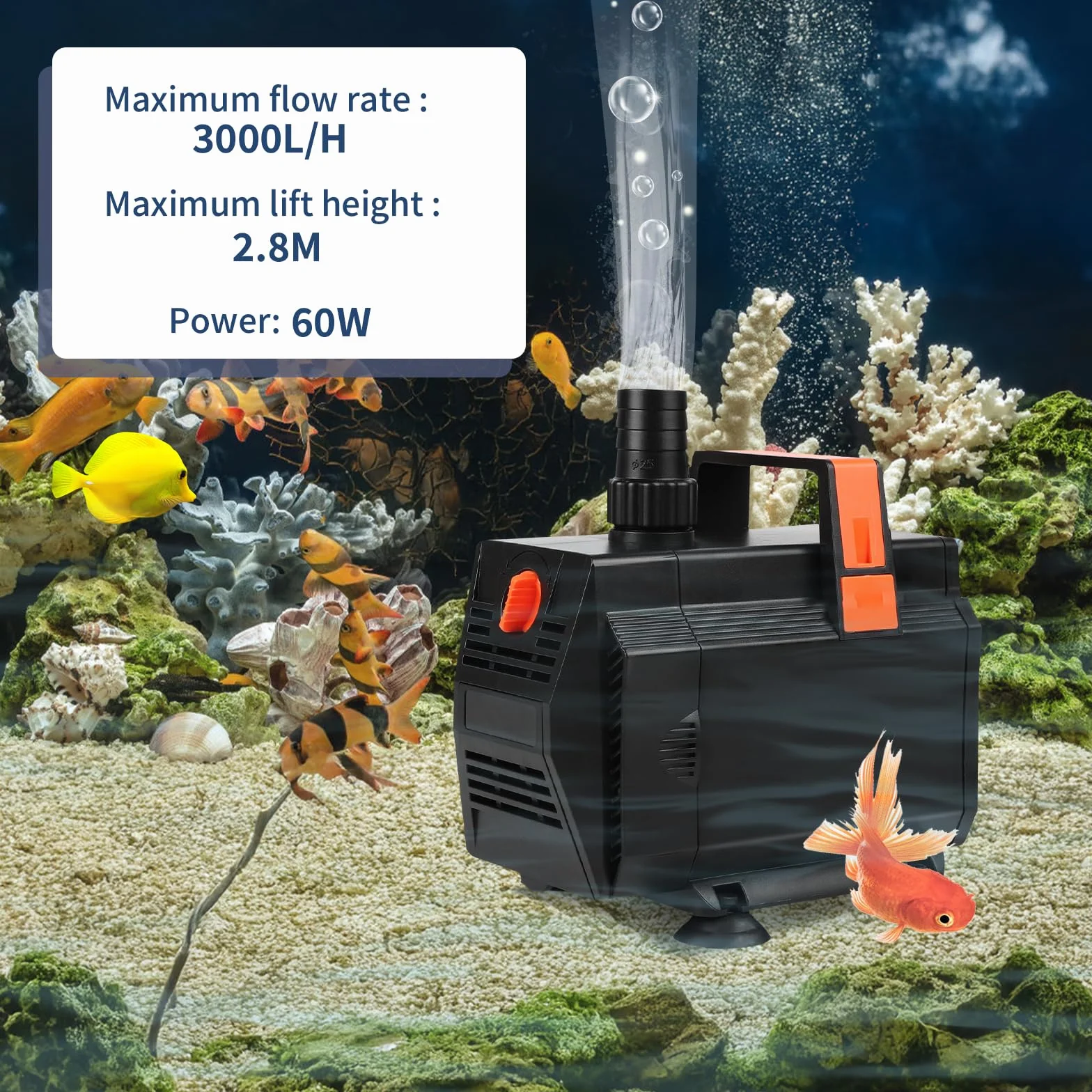 SWAWIS Pompe Aquarium 60W 3500L/H Pompe Bassin Exterieur Amphibie Débit Réglable avec Filtre et 3 Buses