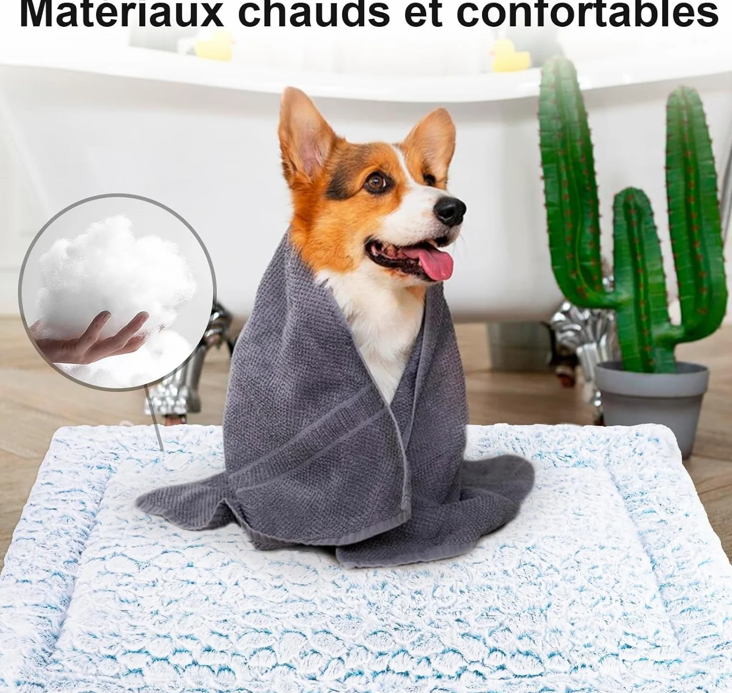 Tapis Chien Court en Peluche pour Chiens de Moyen Taille, Matelas Chien, 94 x 61 cm, Bleu