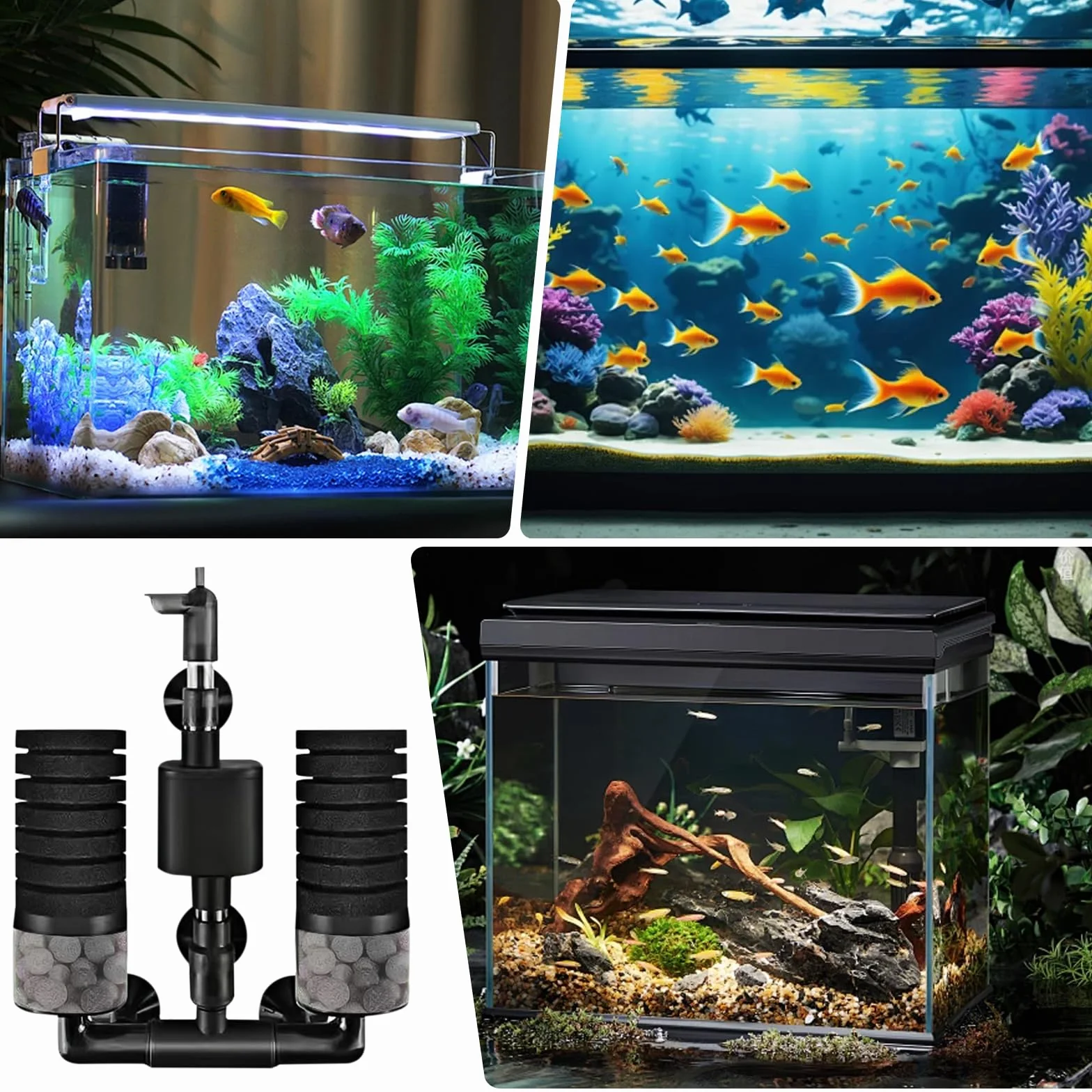 Filtre Éponge d'Aquarium avec Pompe, Filtre Interne, Double Filtre Éponge Réglable pour Aquariums