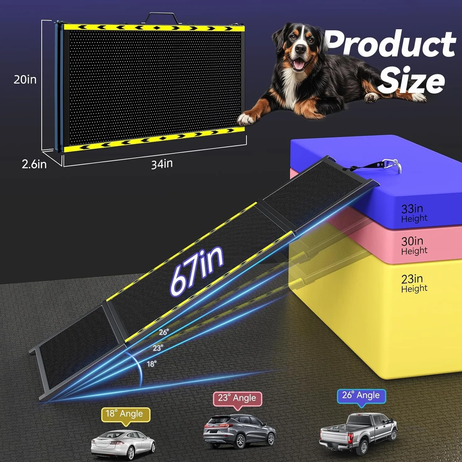 Rampe pour chien de 170,7 cm de long et 50,8 cm de large pour voiture – Rampe portable extra large pour chiens de taille moyenne et grande avec surface de tapis antidérapante, escalier pour voiture
