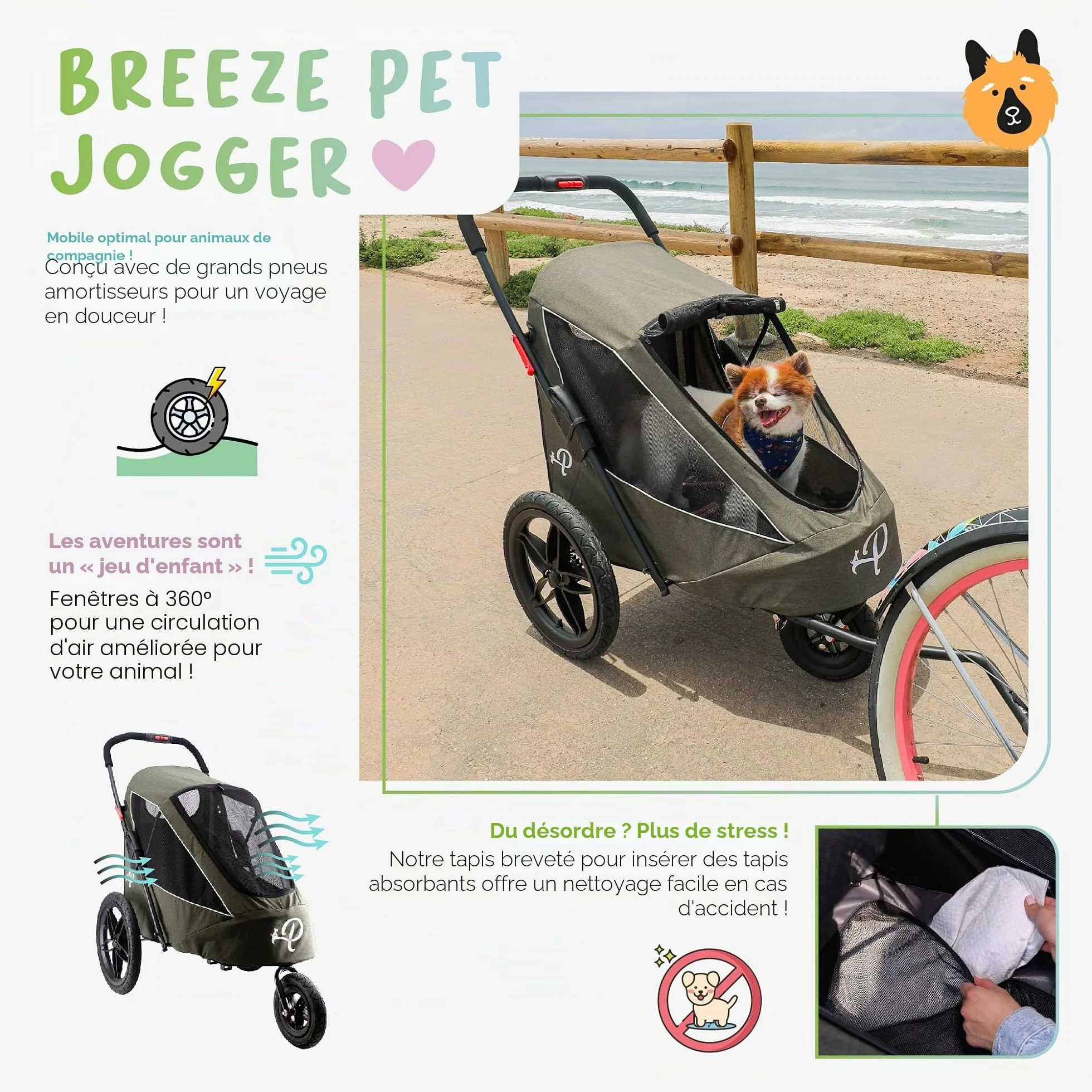 Breeze Black | Remorque de vélo de Luxe pour Chien | Jogger de Grande Taille | Pliage à Une Main | Pneus pneumatiques | Housse de Pluie Incluse | Pompe à Pneu | Adaptateur de vélo