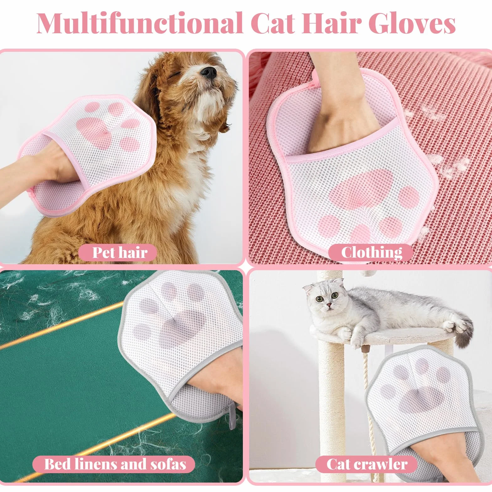 Gant Ramasse Poils Animaux Double Face Anti Poil Chat Chien Réutilisable Brosse Électrostatique Canapé Vêtements Rose Gris
