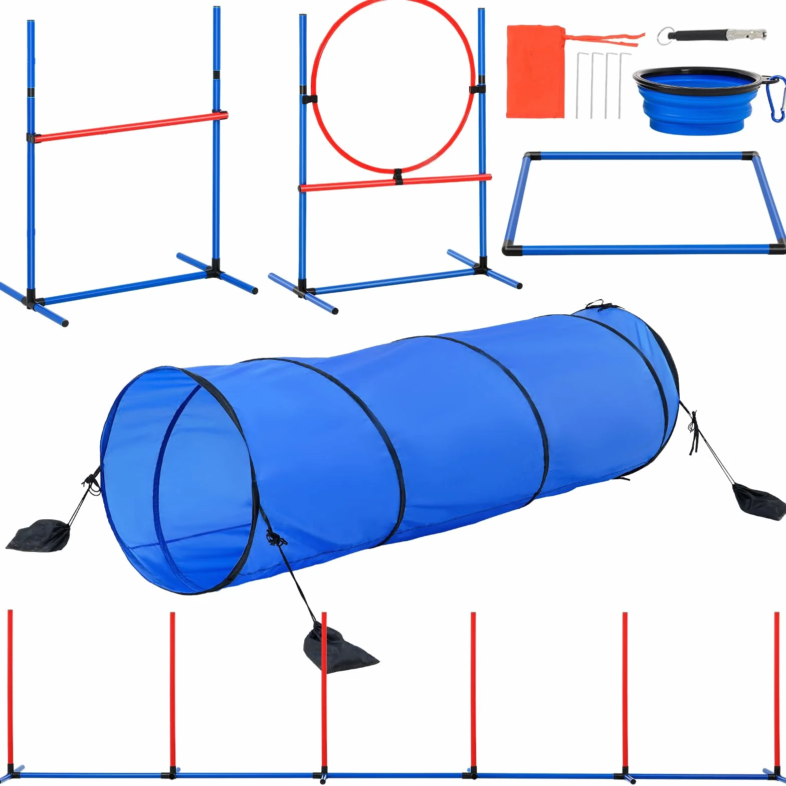 VEVOR Équipements d'Entraînement Agilité pour Chien, Ensemble 5PCS, Parcours Obstacles pour Chiot, avec Haies Hautes Réglables, 6 Poteaux, Tunnel, Anneau de Saut, Boîte de Pause, Sifflet, Bol Pliable