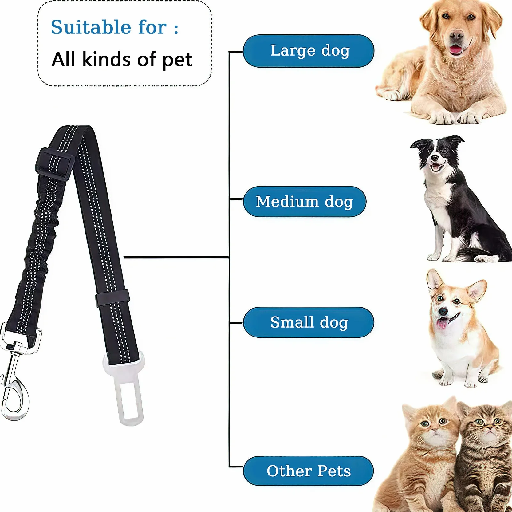 2pcs Ceinture de Sécurité pour Chien,Harnais Universel avec Mousqueton,Absorption des Chocs,Réglable,Noir,pour Tous Les Chiens et Chats