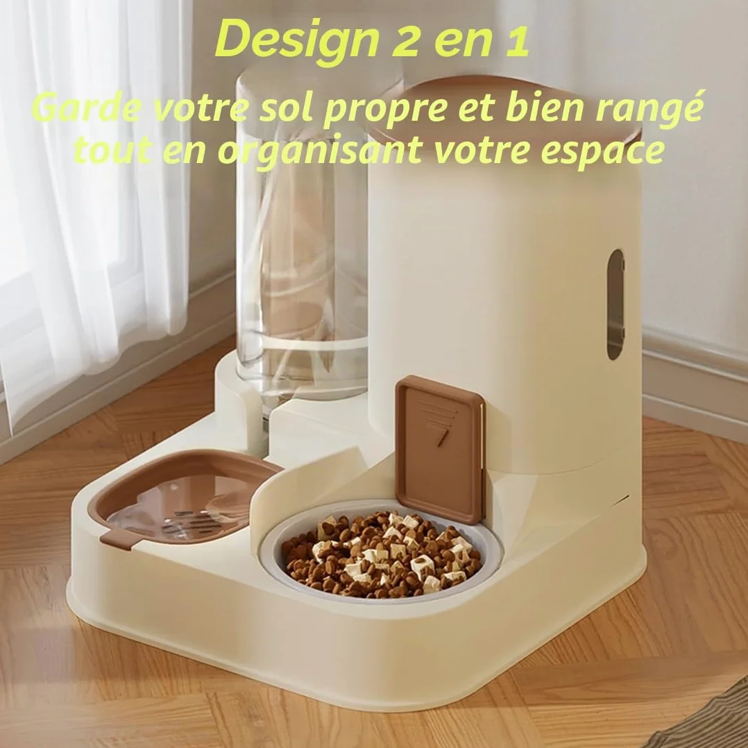 Distributeur de Nourriture Automatique 2 en 1 pour Chiens Chats, avec Bac Eau et Rabat Réglable