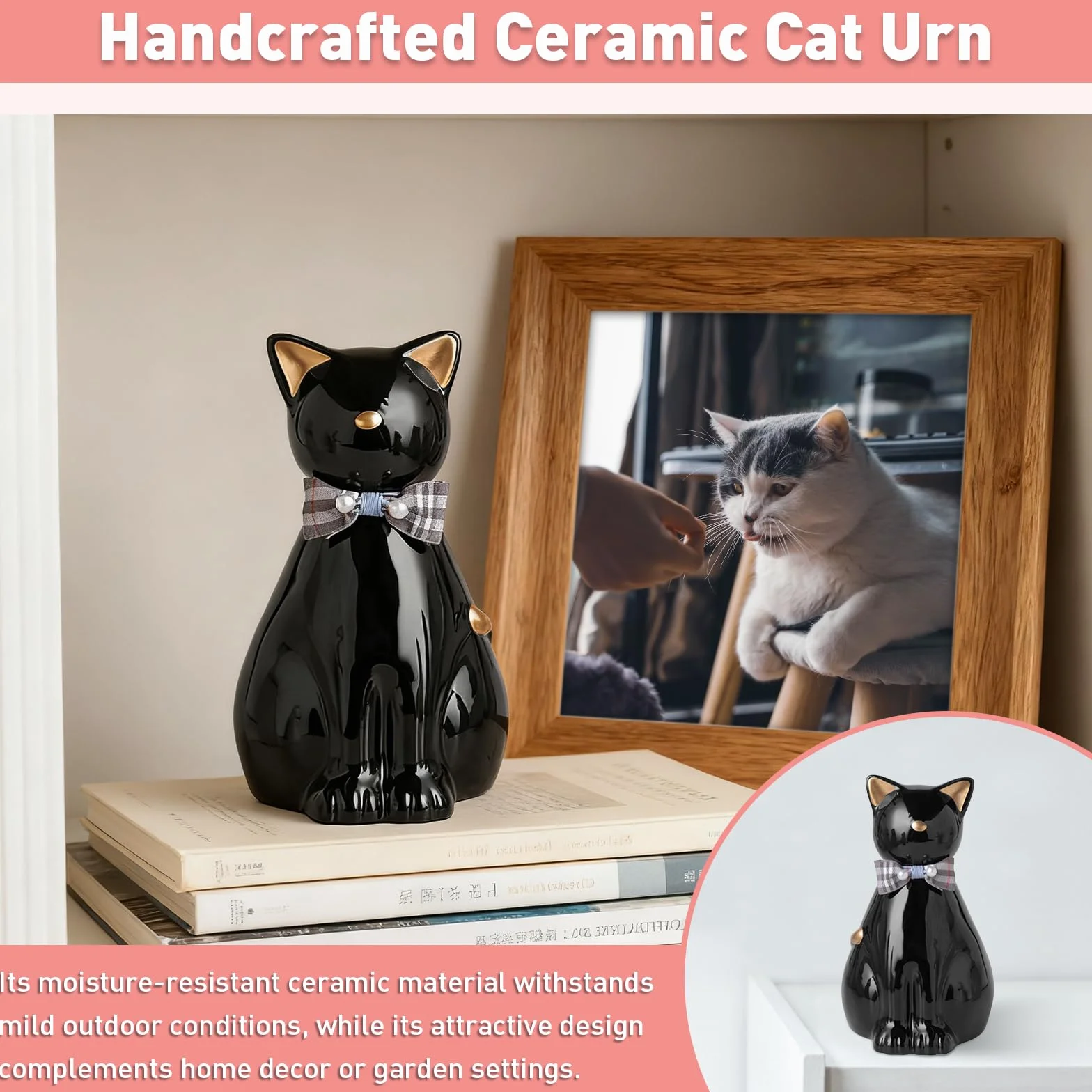Urne funéraire en céramique faite à la main pour cendres de chat, statue de chat mémorial funéraire, urne pour animaux de compagnie intérieur extérieur (Or)
