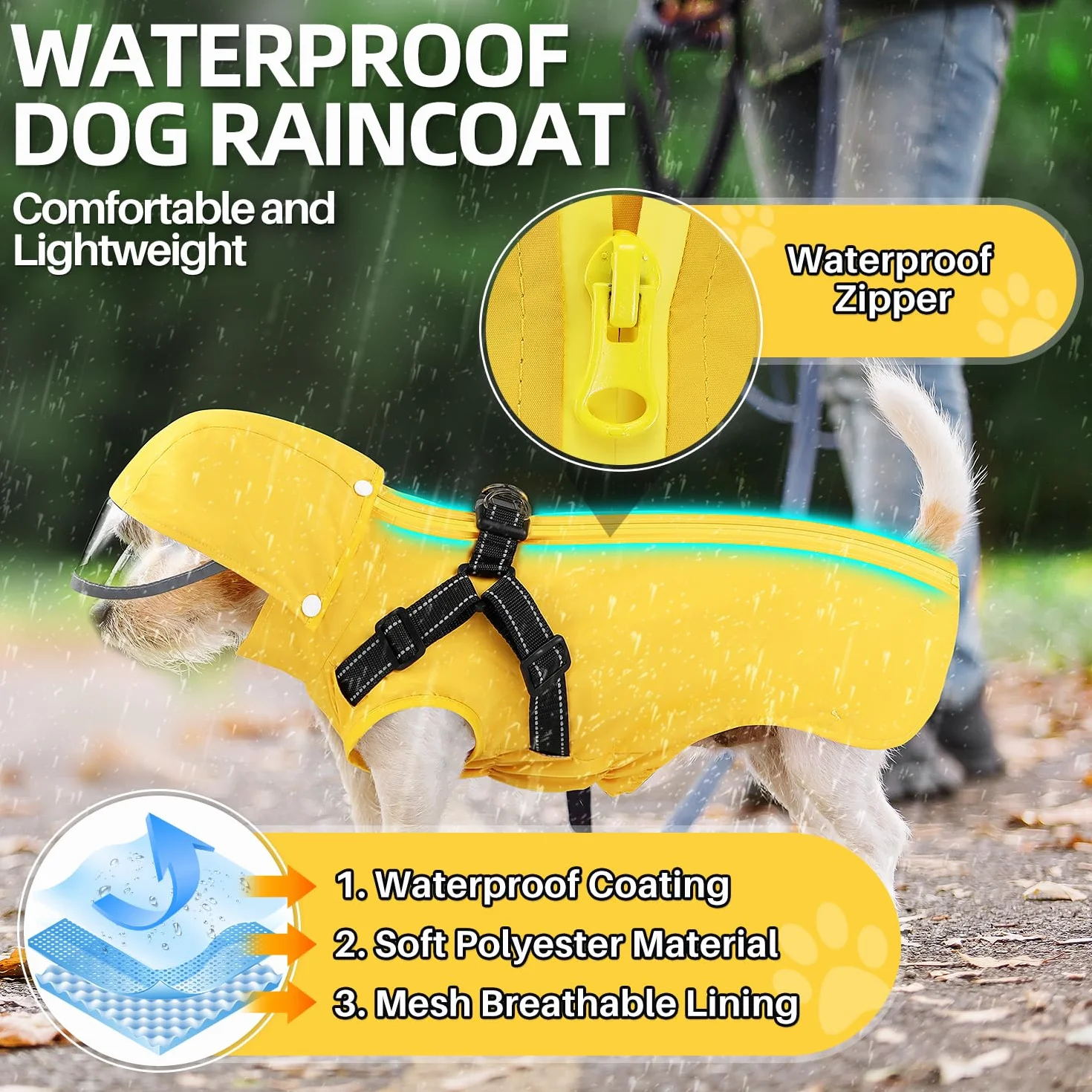 SlowTon Imperméable pour Chien - Manteau de Pluie pour Chien avec Harnais de Poitrine, Capuche Amovible, Veste de Pluie imperméable à Fermeture éclair, Poncho de Pluie pour Chien sans Manches avec