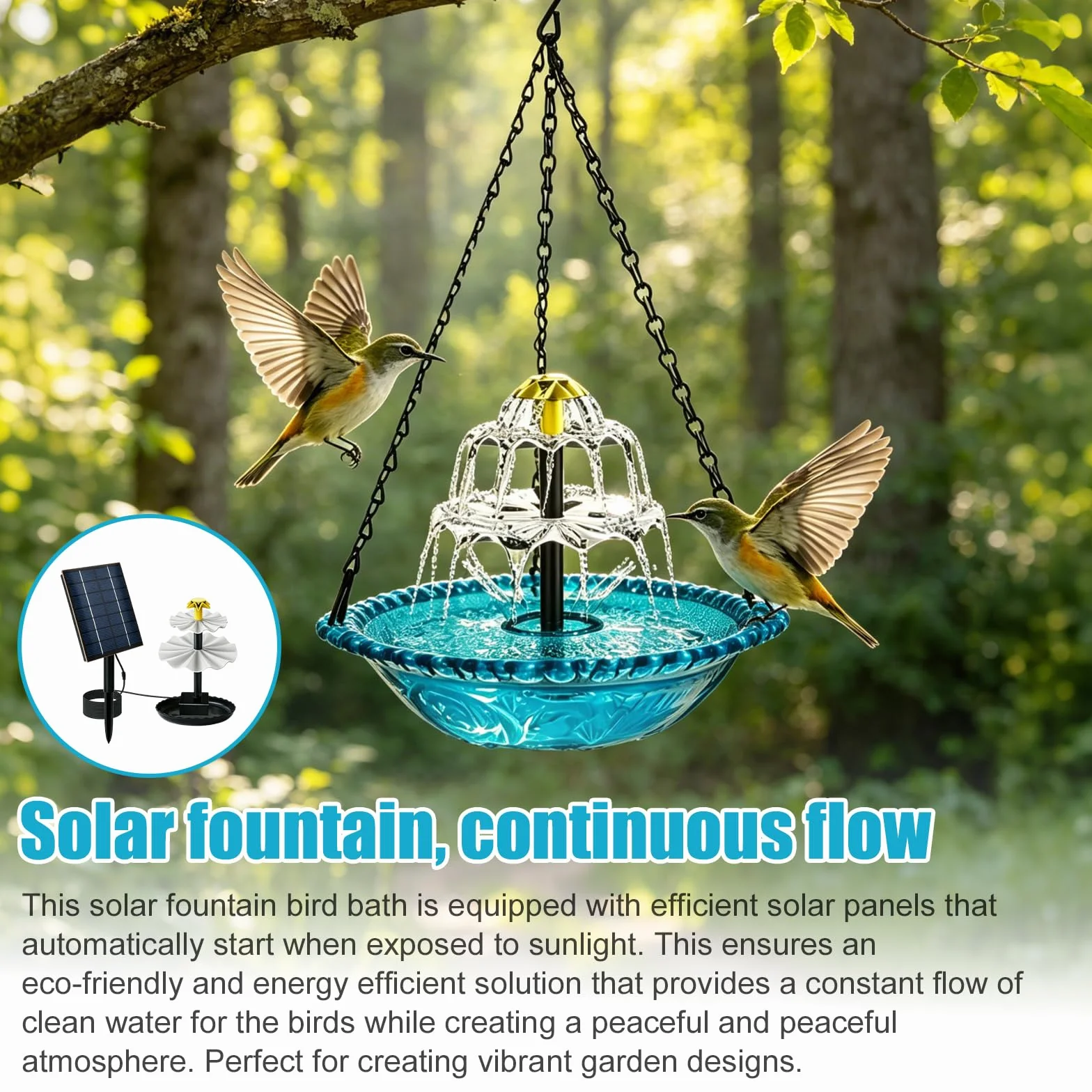 Bain d'oiseaux suspendu 3 niveaux avec fontaine solaire, bleu, chaînes en métal pour jardin