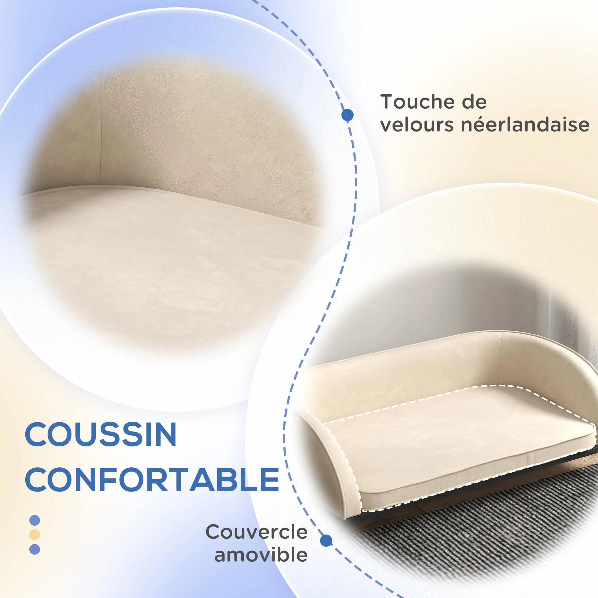 PawHut Canapé pour Chien surélevé 101,5 x 62 x 34,5 cm Coussin déhoussable Pieds Acier Velours Blanc crème Noir