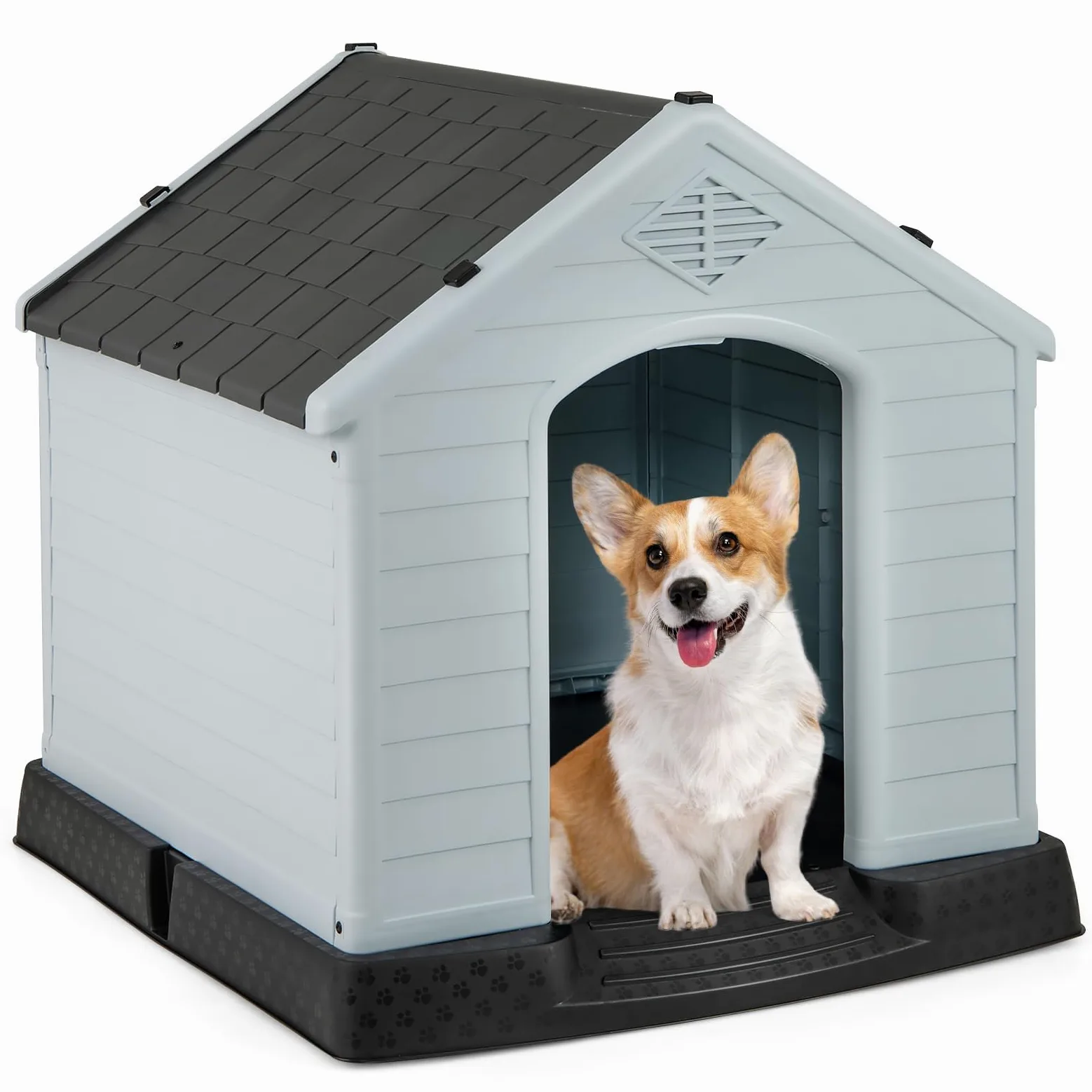 FANTASK Niche d'extérieur pour Chien, en Plastique, avec Sol surélevé et Toit imperméable, pour Jardin, intérieur et extérieur, 70 x 65 x 71,5 cm, Gris