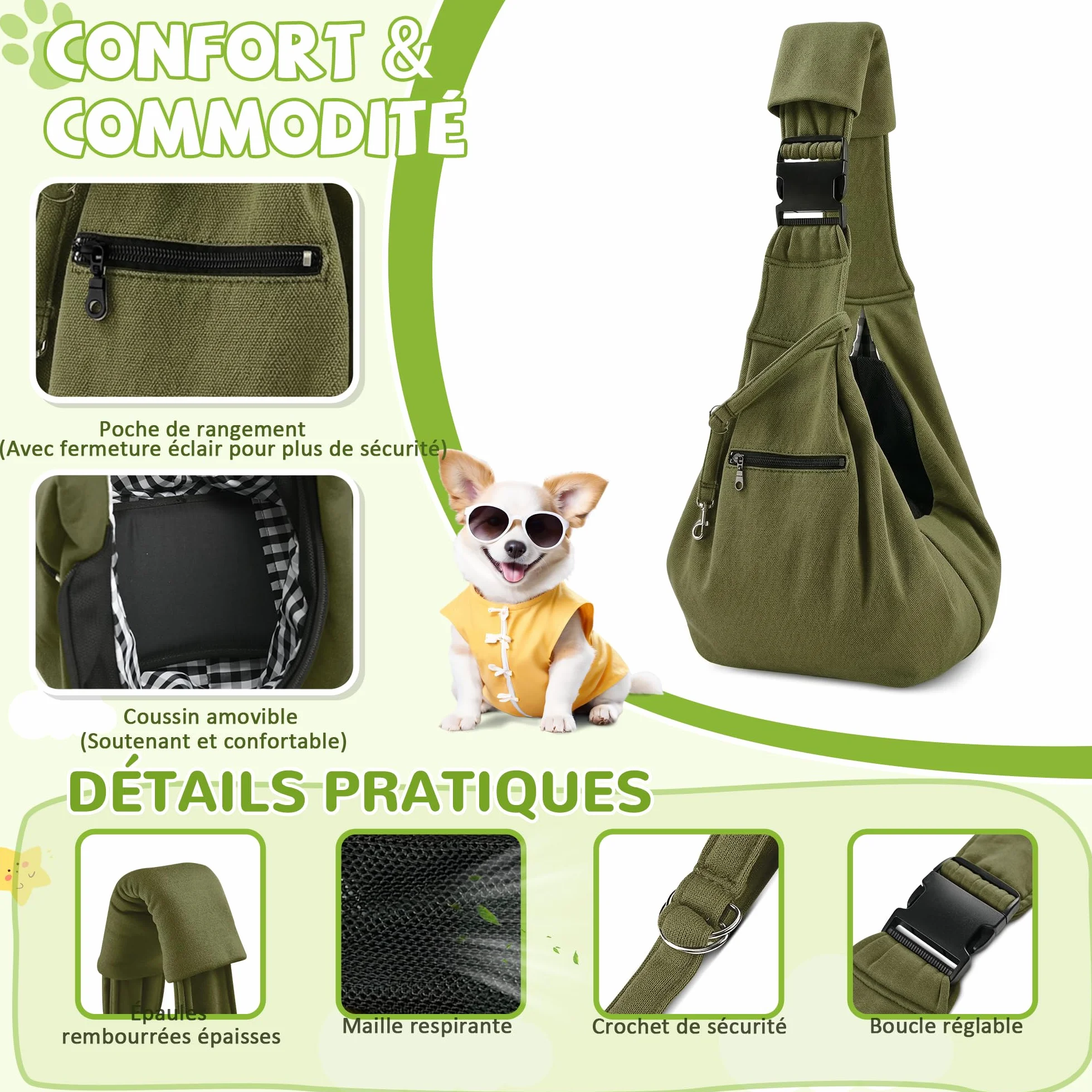 ALLSOPETS Sac de Transport Chien Chat, Sac Bandoulière Respirant pour Petit Chien avec Crochet de Sécurité, Vert Olive