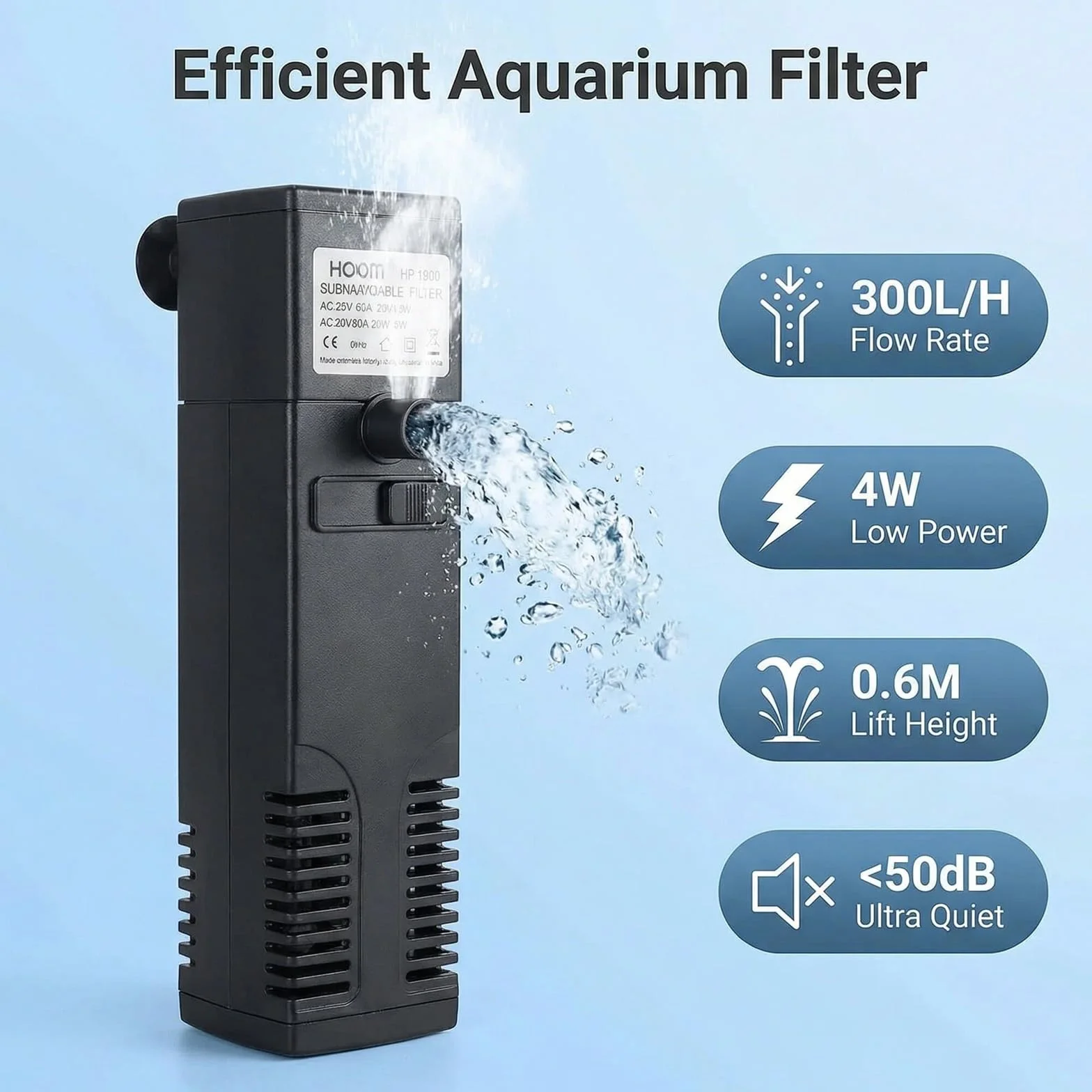 Filtre Intérieur Aquarium Pompe Débit d'eau 200L/H 40L Oxygène Filtration