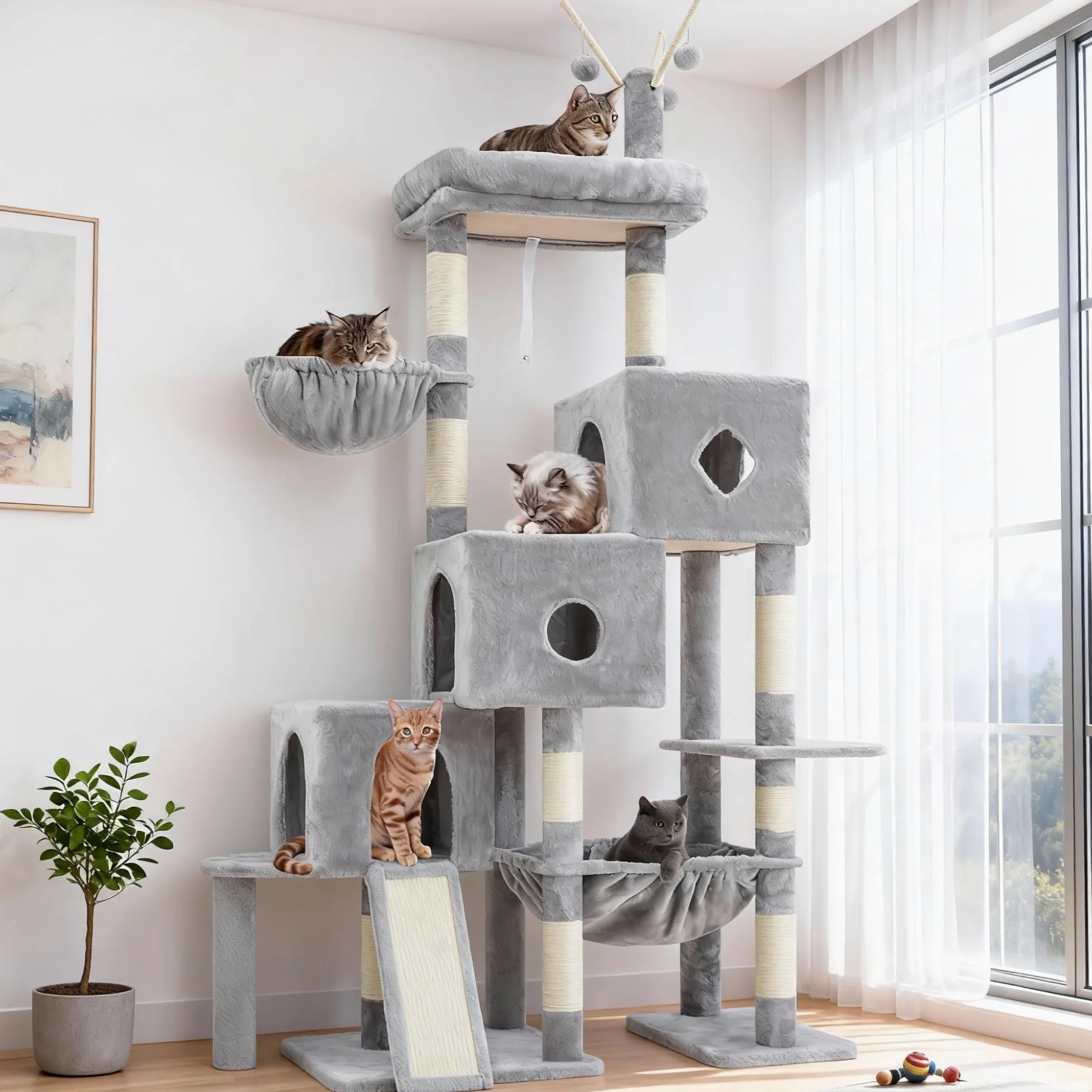 Hey-brother Arbre à Chat, Tour de Jeu pour Chats en escaliers, adapté aux Grands Chats, avec 3 nichoirs, Grand hamac, Plateforme supérieure et griffoir en sisal, Gris Clair MPJ081W