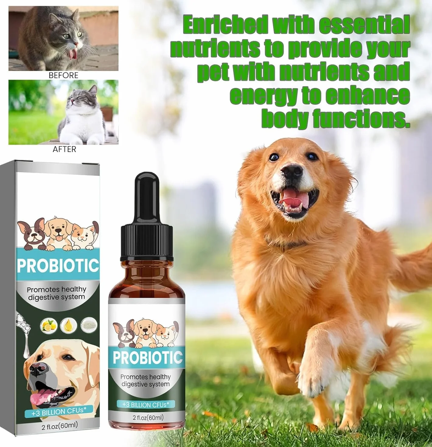 Antibiotiques pour Chats, Probiotiques Chien Chat 60ML, Constipation Soulagement