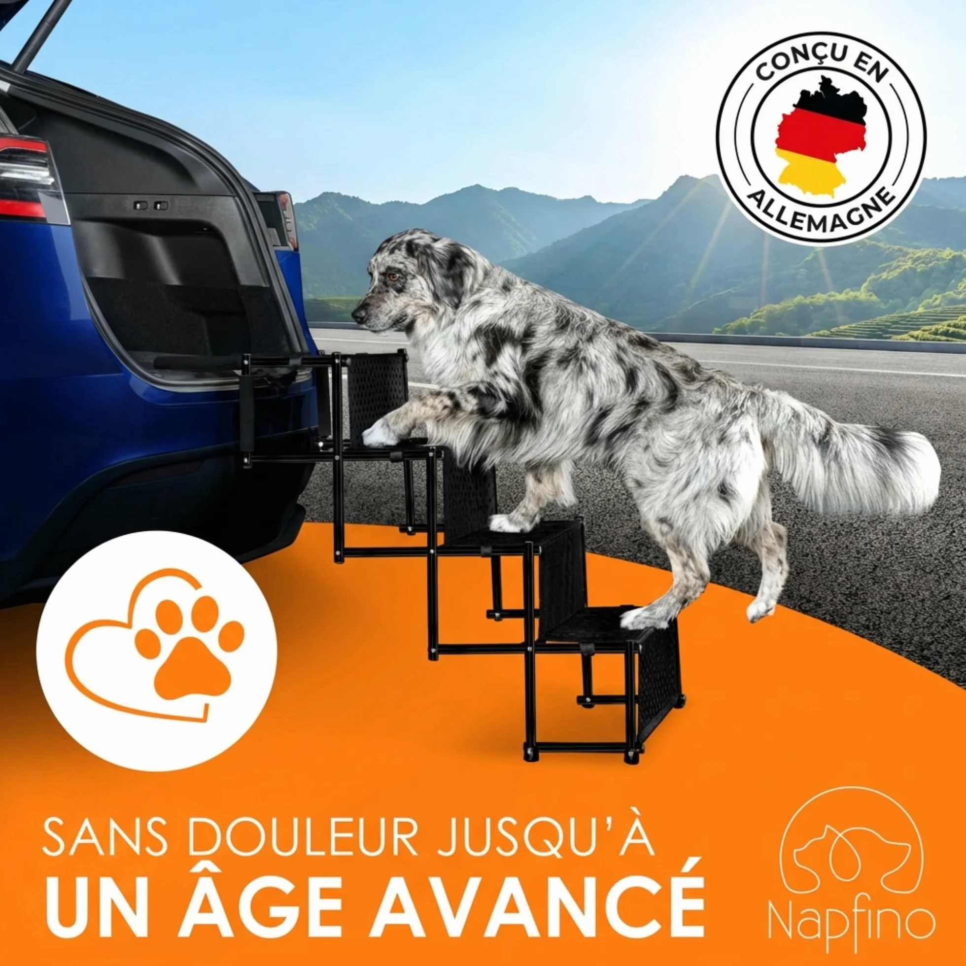 Escalier pour chien jusqu'à 60 kg – Rampe pliable pour chien – Rampe de voiture pour petits et grands chiens – Aide à l'entrée de la voiture – Rampe pour chien adaptée à toutes les voitures –
