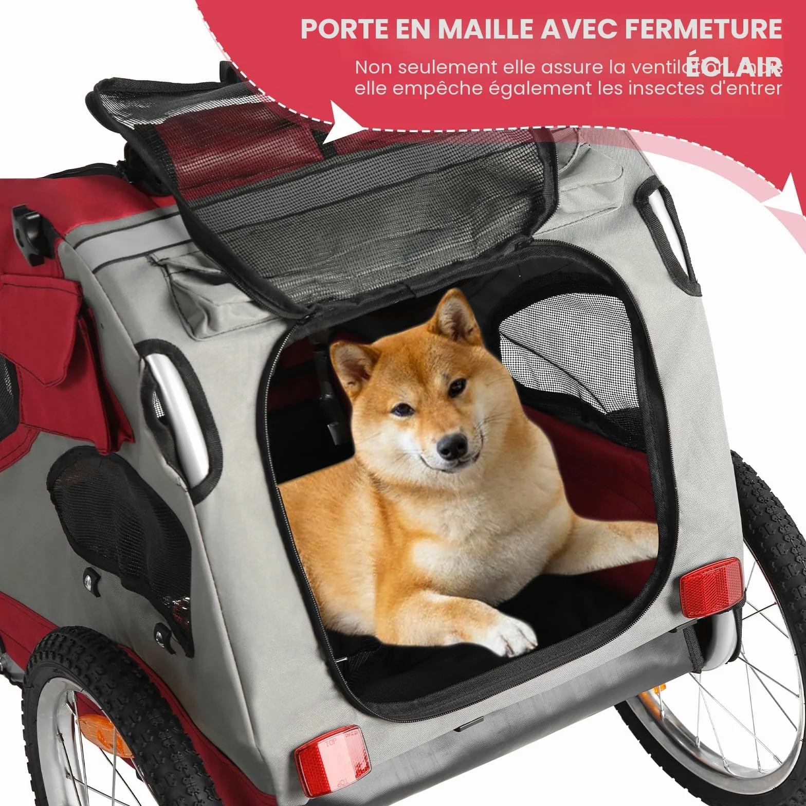 Remorque de vélo Pliable pour Chien avec réflecteurs de sécurité, Sac de Rangement, intérieur rembourré et laisses de sécurité, Transporteur pour Chien jusqu'à 30 kg