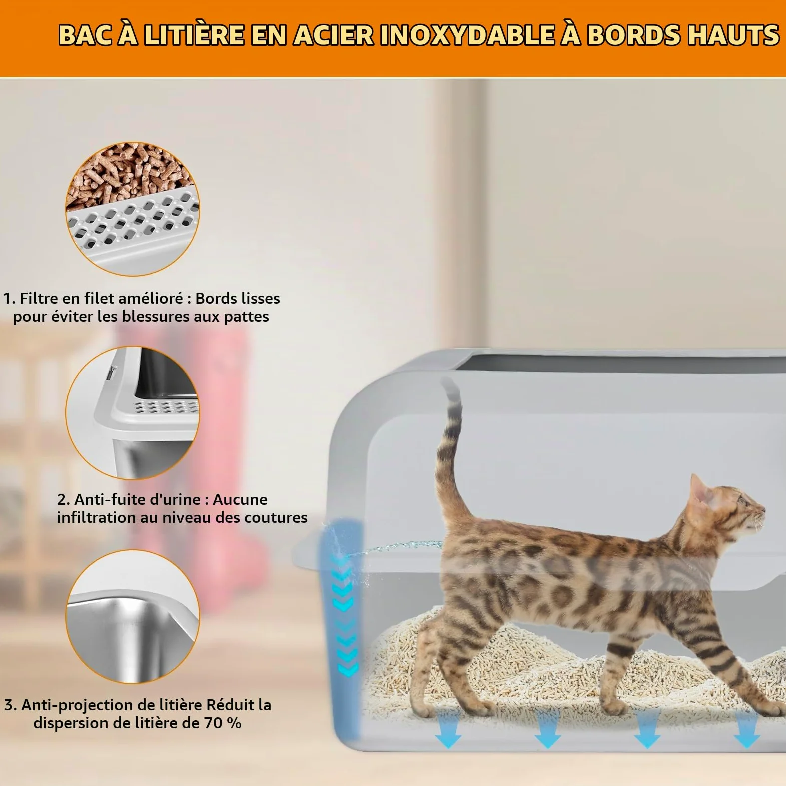 Homegroove Litière pour chat en acier inoxydable pour granulés de pin - 60 x 40 x 15 cm - Bord haut - Litière en métal avec couvercle - Pelle en plastique et 10 tampons d'urine (15,2 cm)