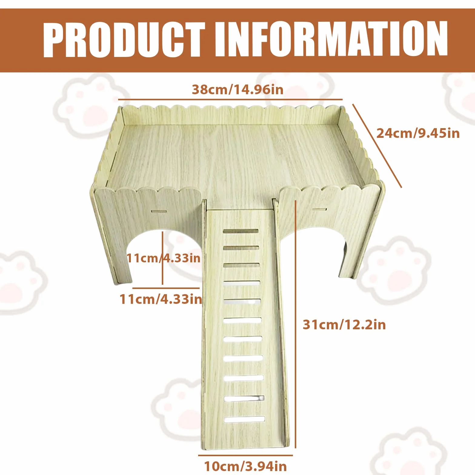 Grande maison pour cochon d'Inde - Maison en bois avec rampe - 4 entrées - Jouet et accessoire pour cochon d'Inde - 38 x 25 x 18 cm