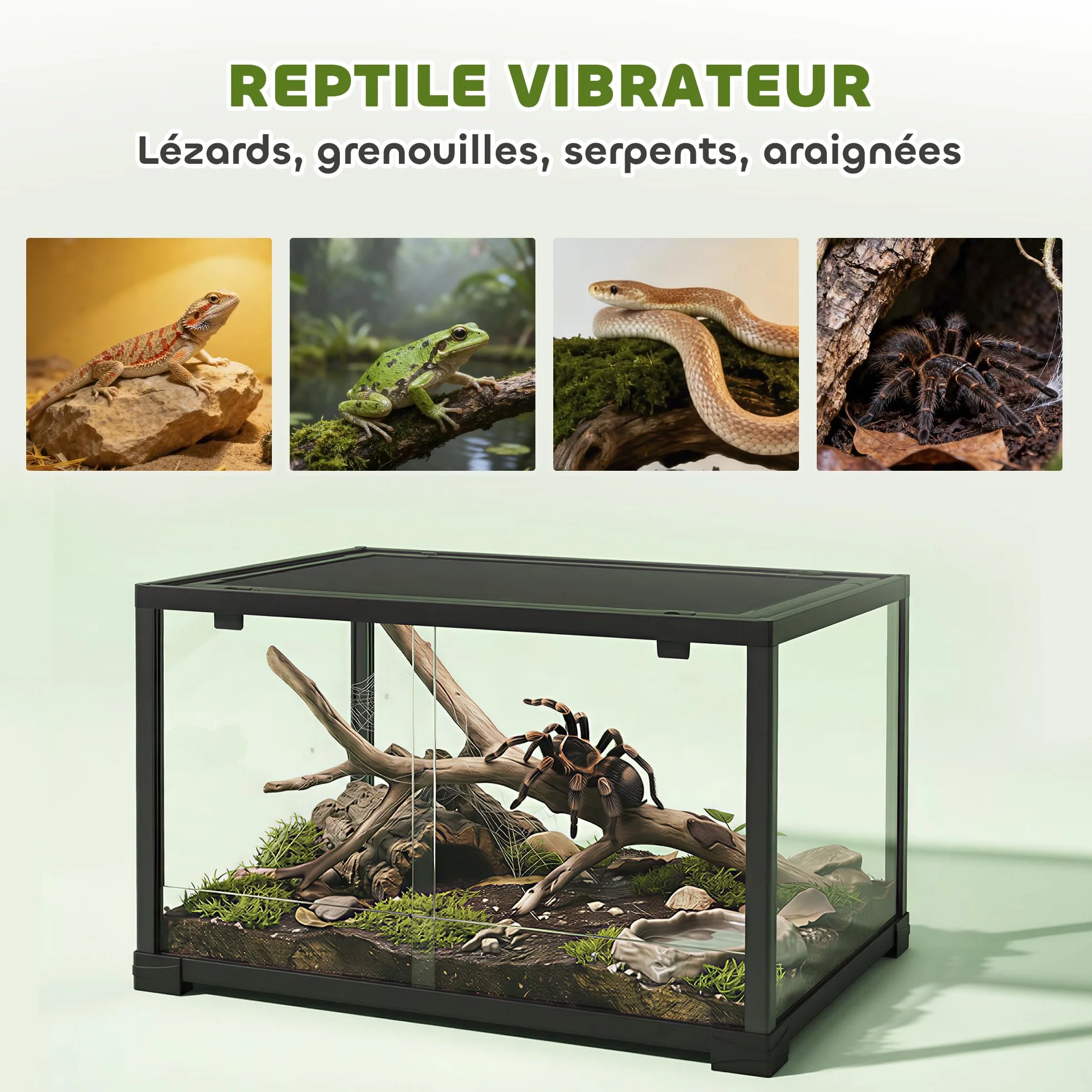 PawHut Terrarium en Verre 86L 60x45x32cm pour Reptiles Lézards Serpents Geckos Porte Coulissante Noir