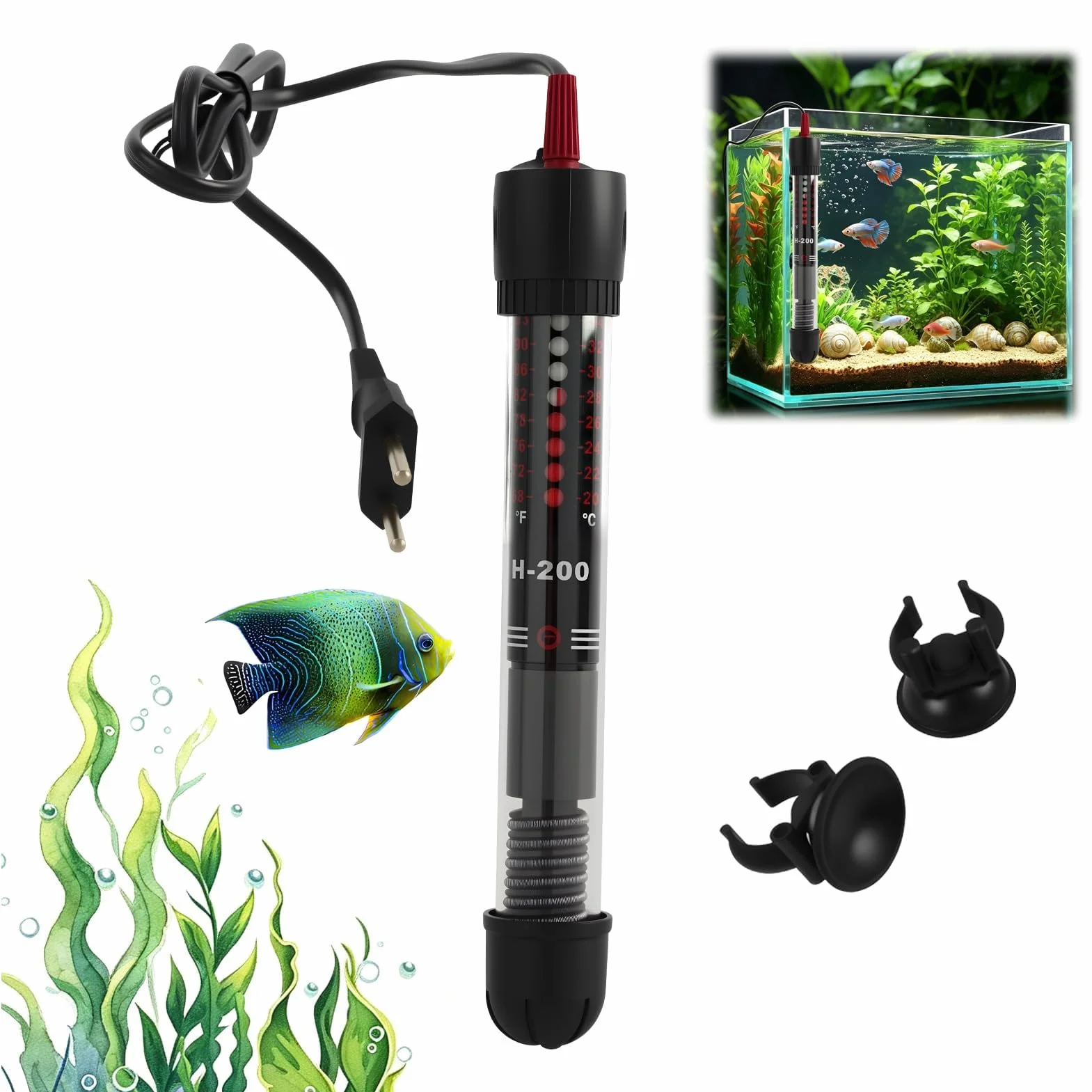 Puissant Chauffage d’Aquarium Submersible 50W avec Thermostat Réglable 20-34℃ pour Poissons et Tortues, Compact et Sécurisé avec Ventouse, Verre de Quartz Résistant pour Réservoirs 10L à 60L