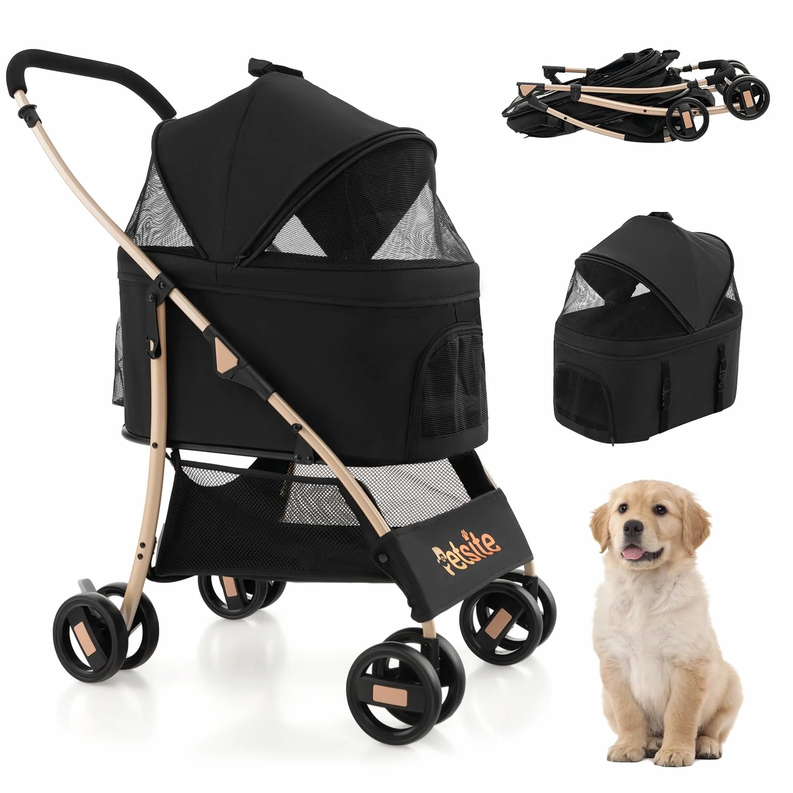 GOPLUS Poussette 3 en 1 Pliable pour Chien Chat, Siège Voiture Amovible, Auvent Réglable, Entrée Maille Zippée, Noir